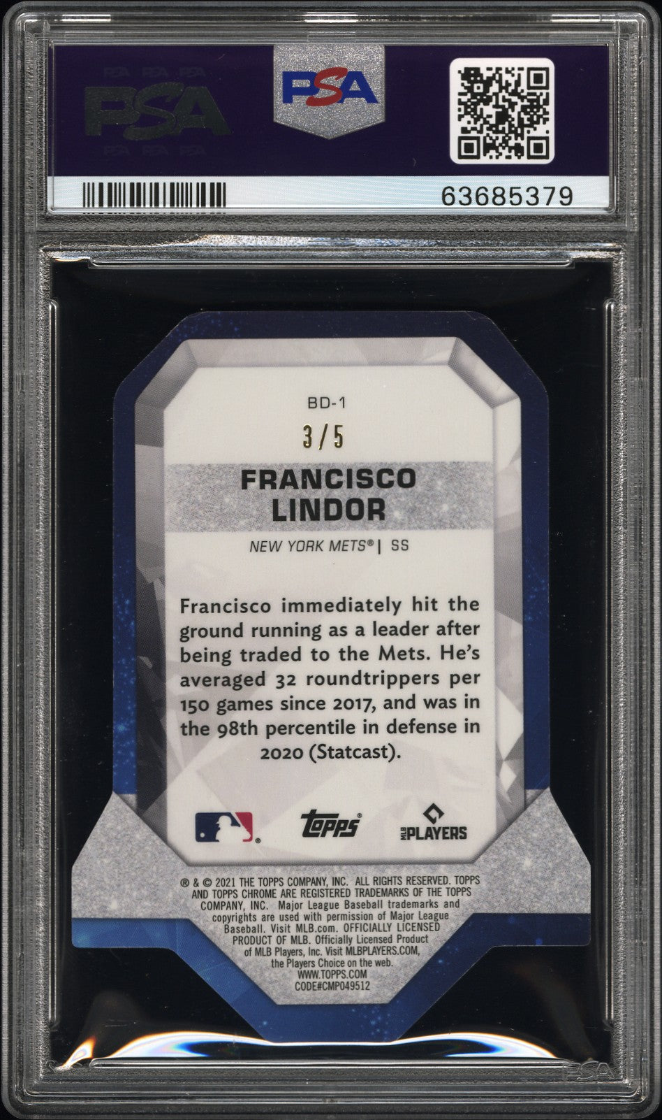 2021 Topps Chrome Ben Baller Ben's Diamond Francisco Lindor Red /5  PSA 9
