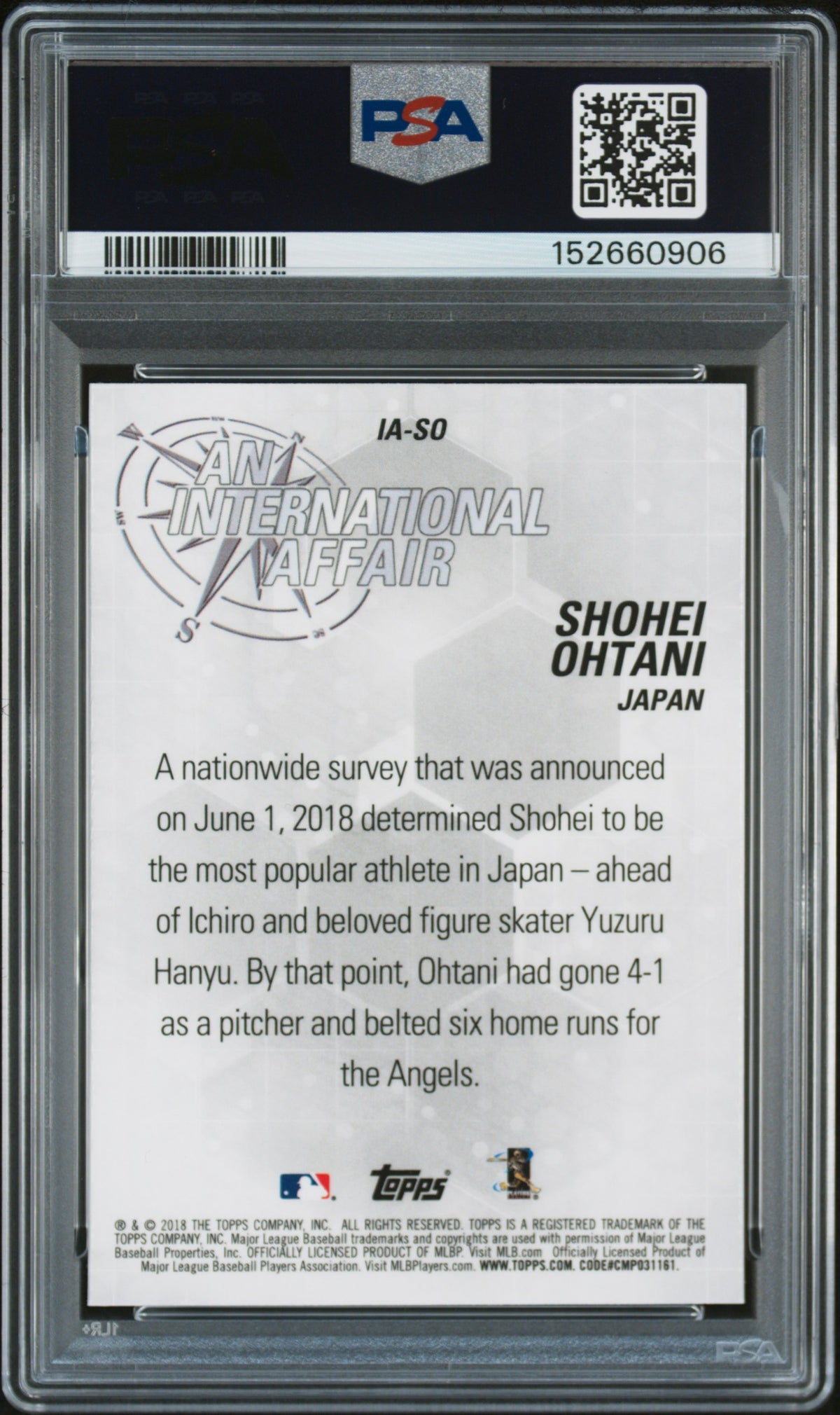 2018 Topps Chrome Update An International Affair Shohei Ohtani RC PSA 10