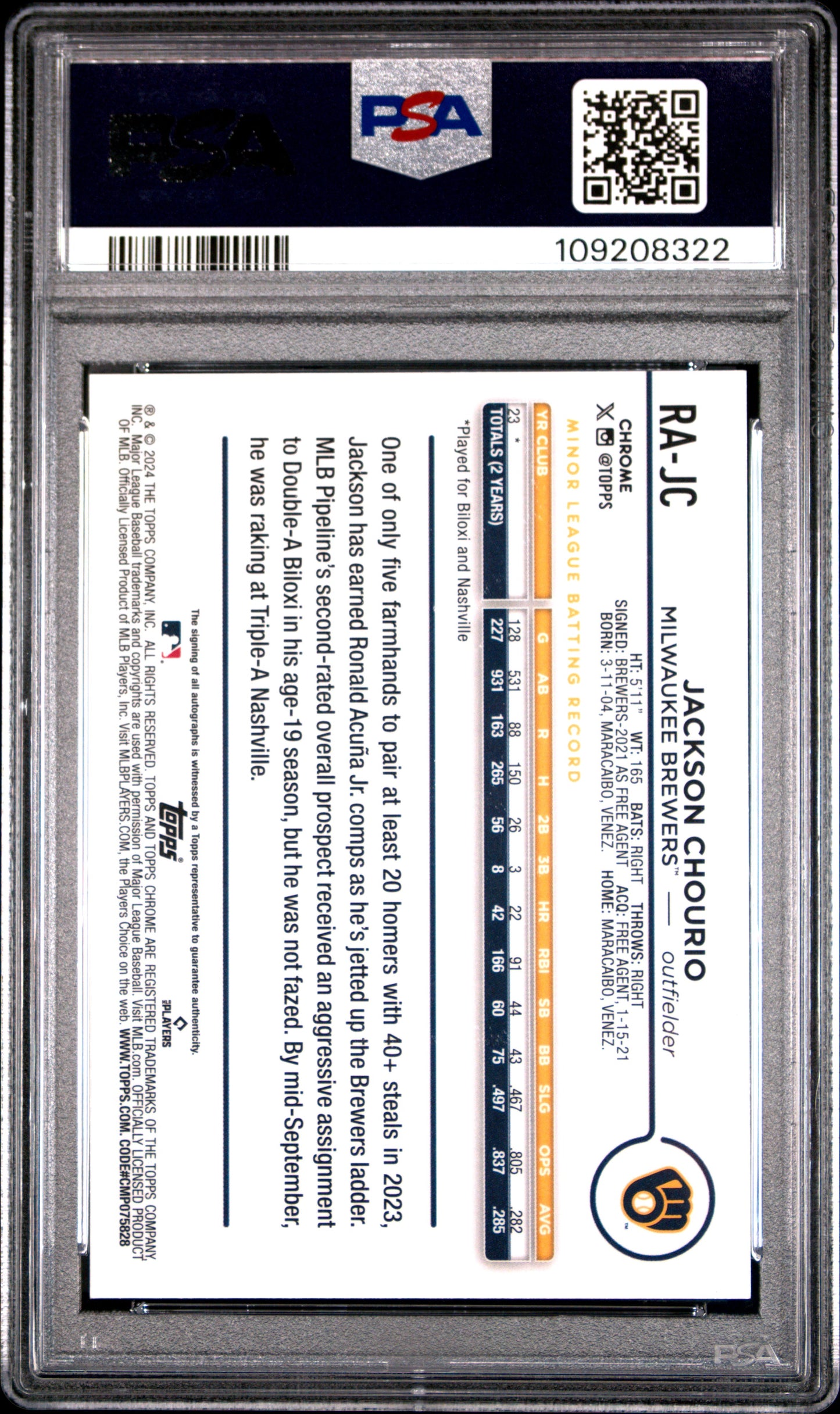 2024 Topps Chrome Rookie Auto Jackson Chourio #RAJC Blue Raywave /150 PSA 9