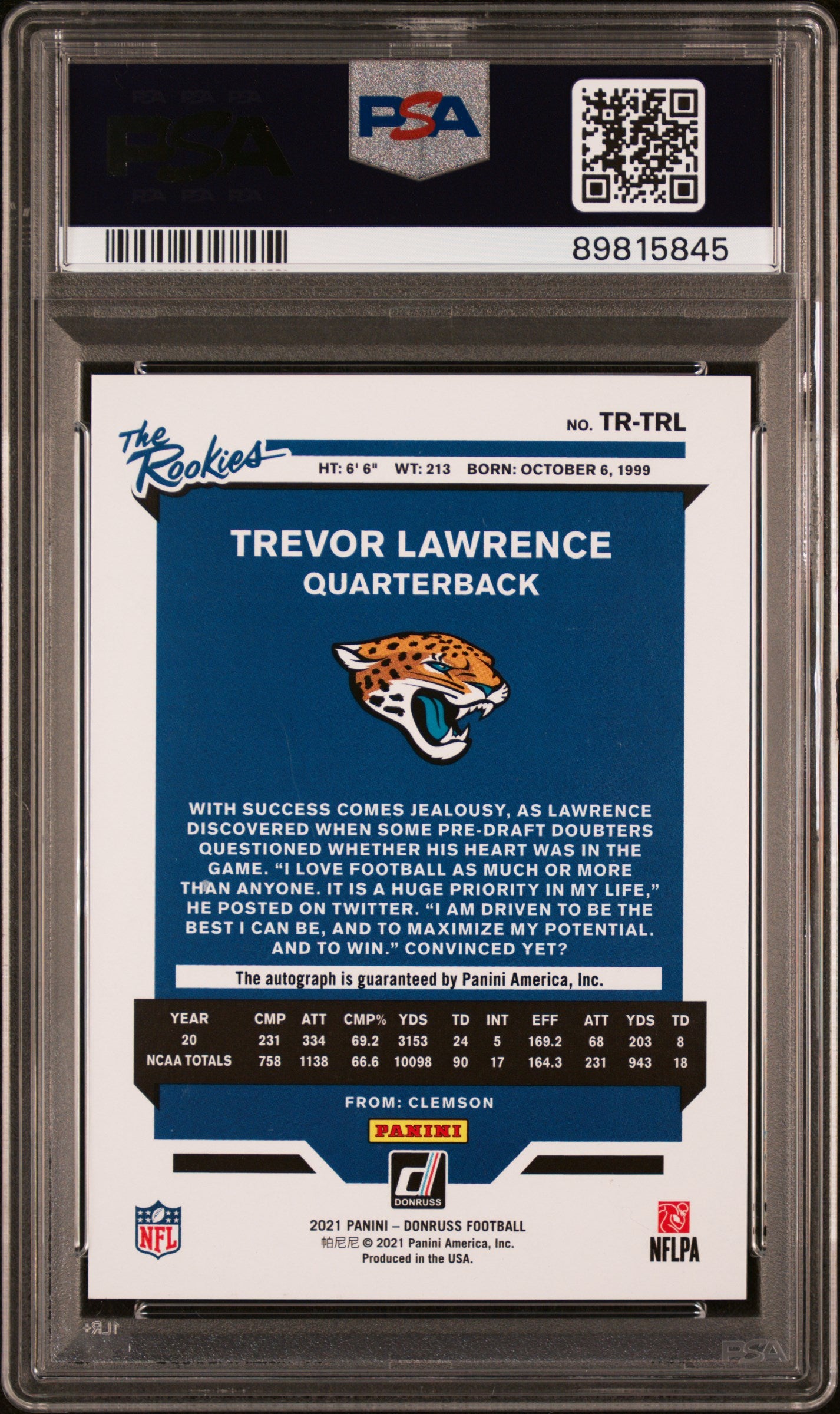 2021 Panini Donruss The Rookies Trevor Lawrence #TR-TRL Autograph 201/299 PSA 10