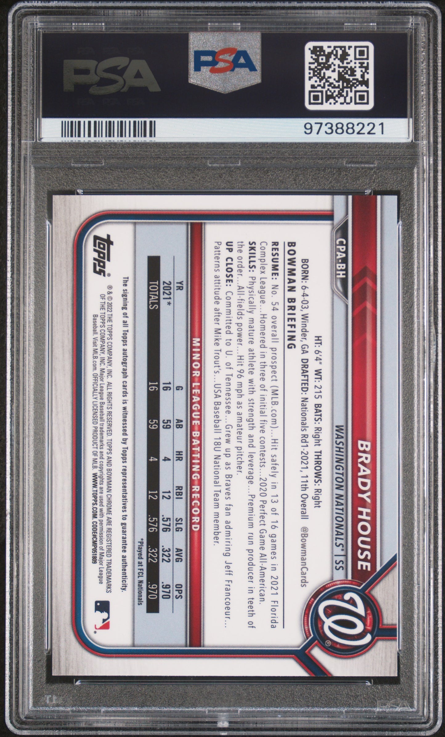 2022 Bowman Chrome Prospect Autographs Brady House #CPABH PSA 10