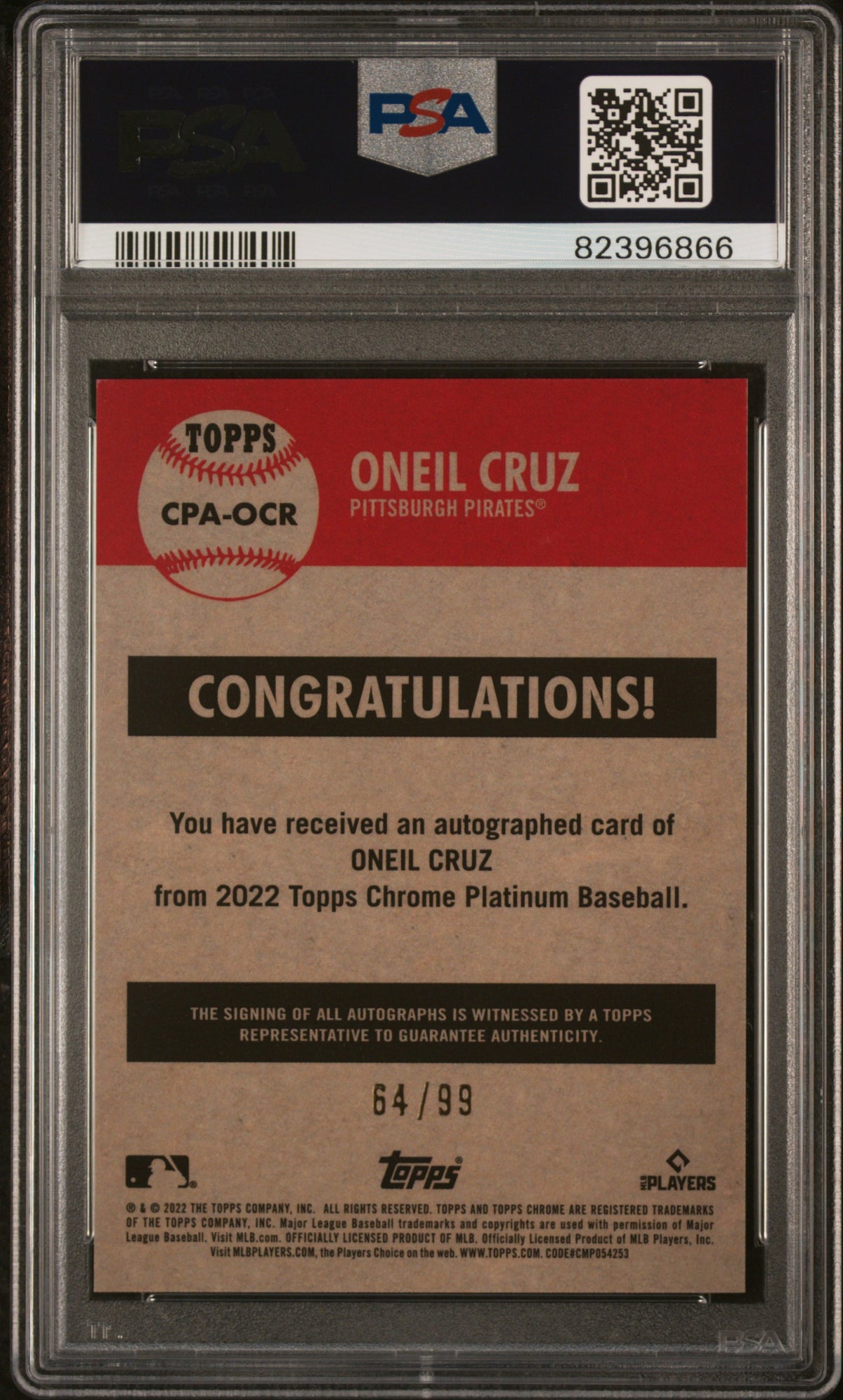 2022 Topps Chrome Platinum Anniversary Autograph Oneil Cruz #OCR /99 PSA 10