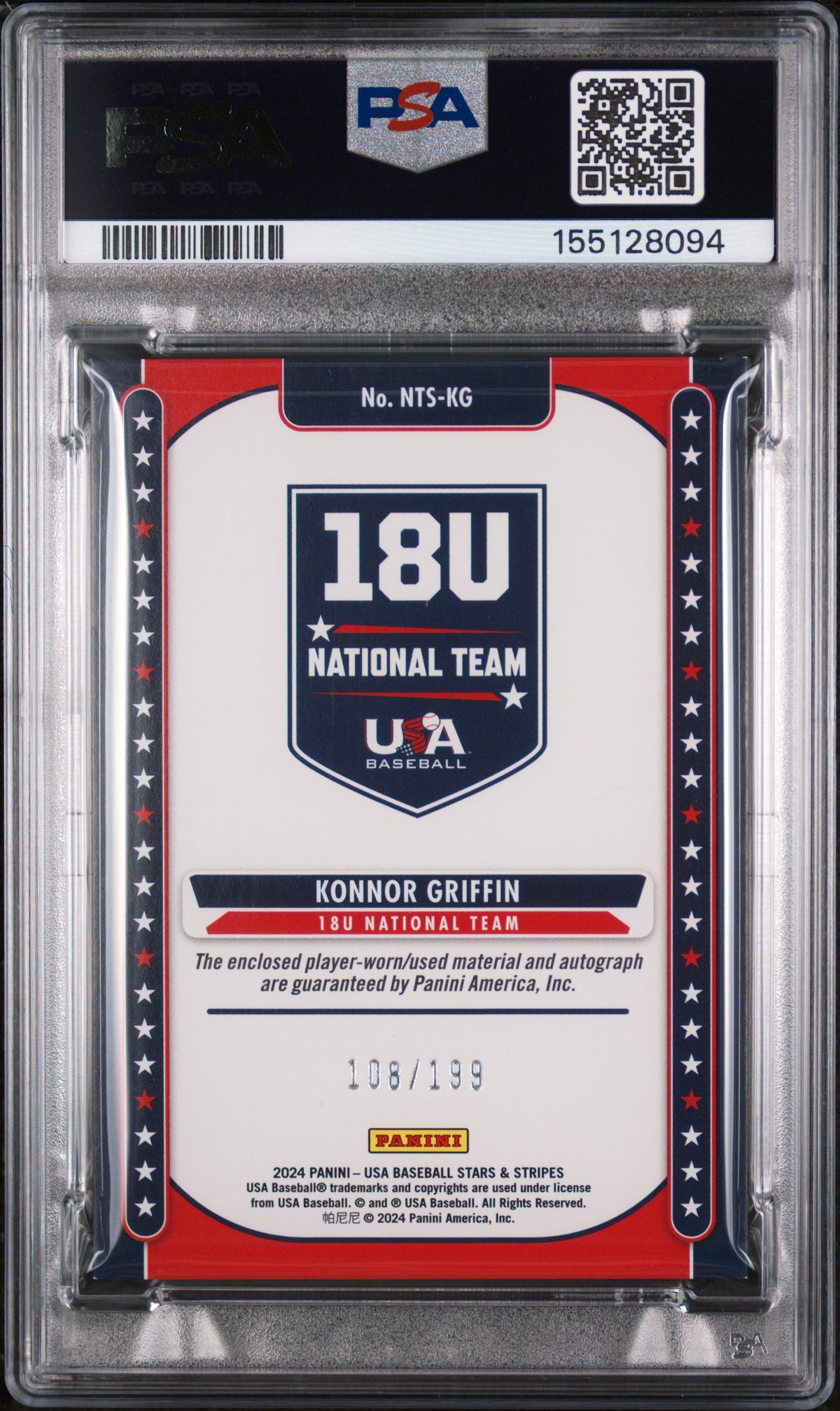 2024 Panini Stars & Stripes Usa 18u NT Signature Materials Konnor Griffin PSA 8