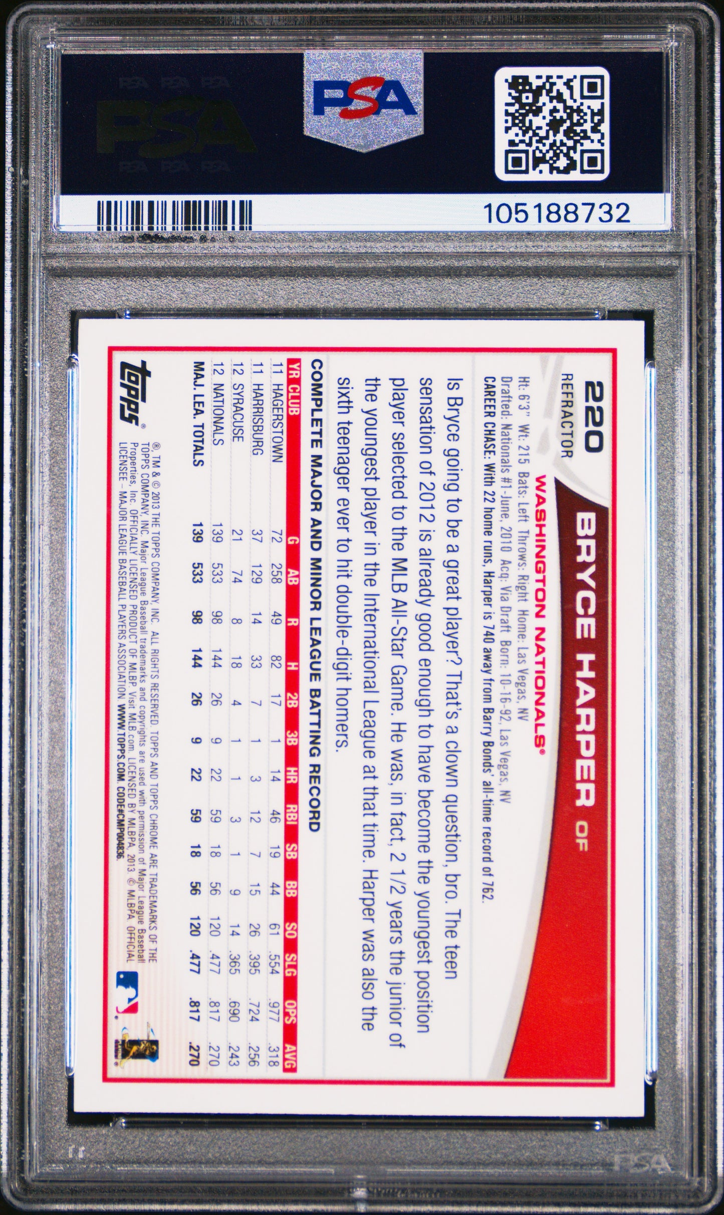 2013 Topps Chrome Bryce Harper #220 Watching Ball Orange Refractor PSA 8