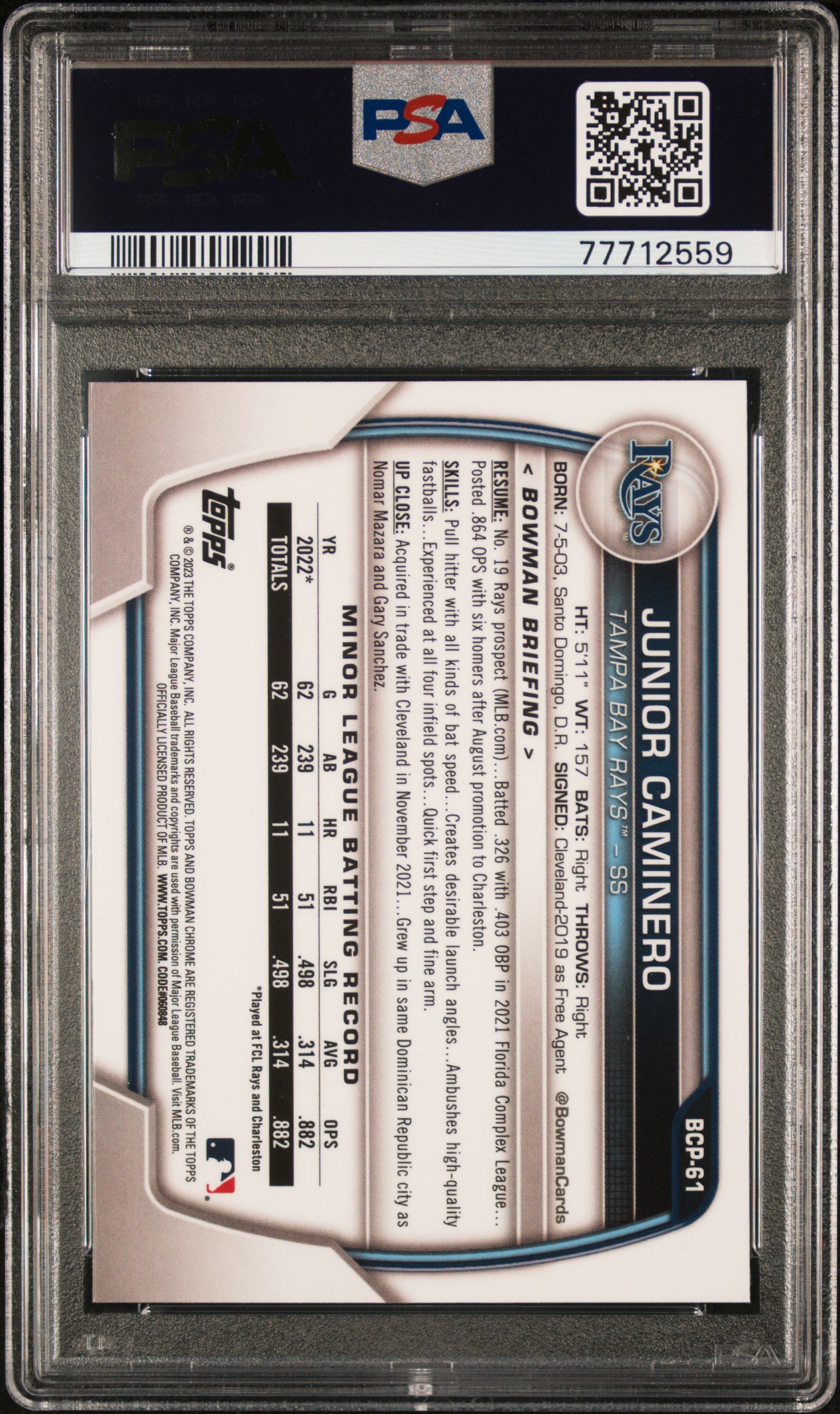 2023 Bowman Sapphire Edition Chrome Prospects Junior Caminero #BCP61 PSA 10