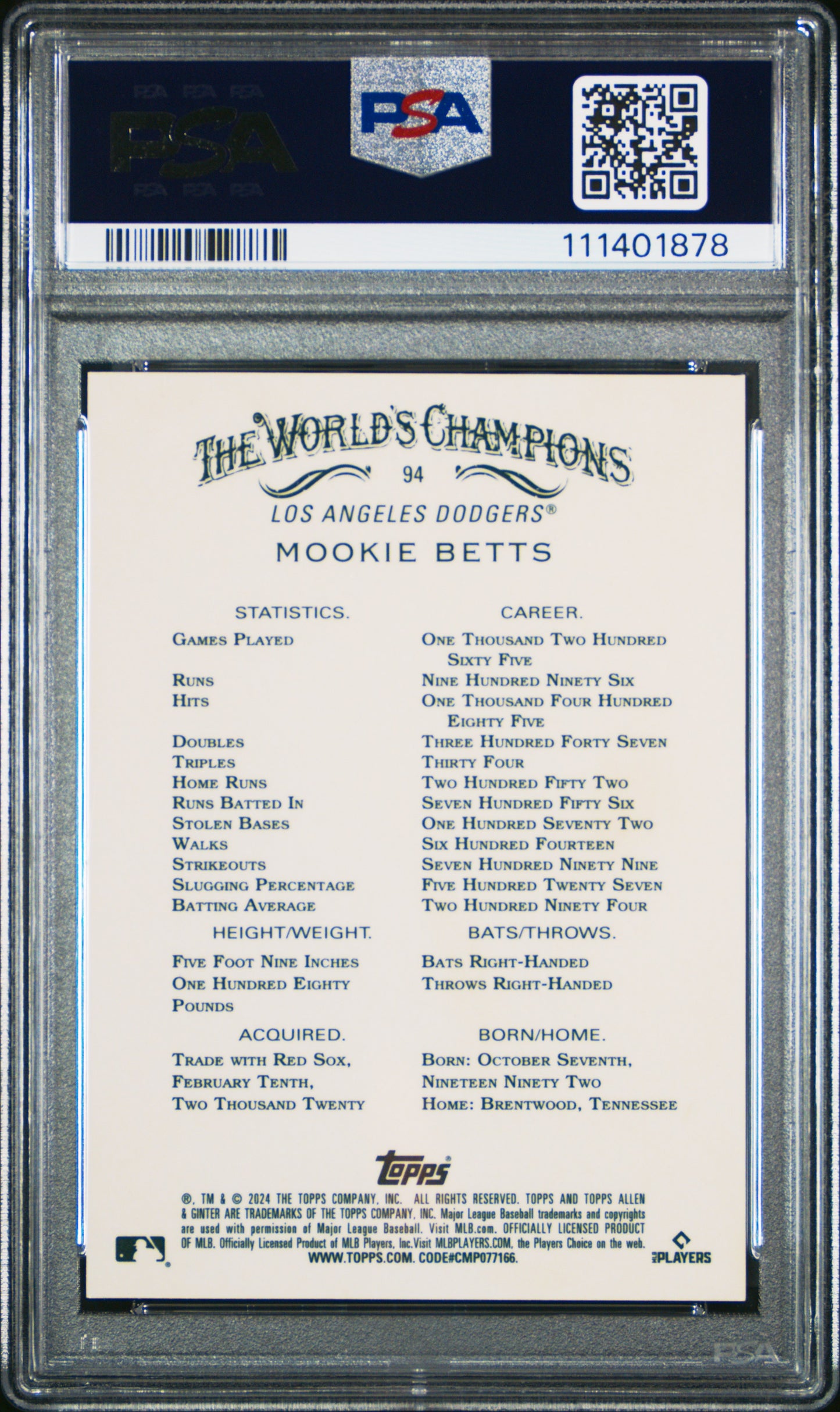 2024 Topps Allen & Ginter Mookie Betts #94 Chrome Red Refractor 1/5 PSA 9