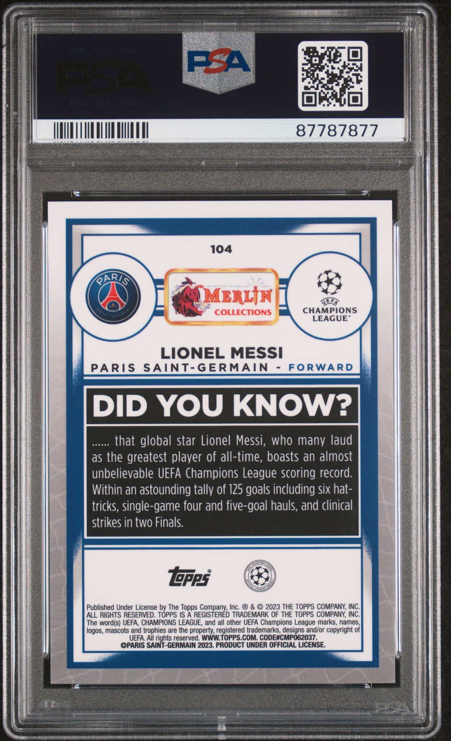 2022-23 Topps Merlin Chrome Lionel Messi #104 Aqua Speckle Refractor /199 PSA 10