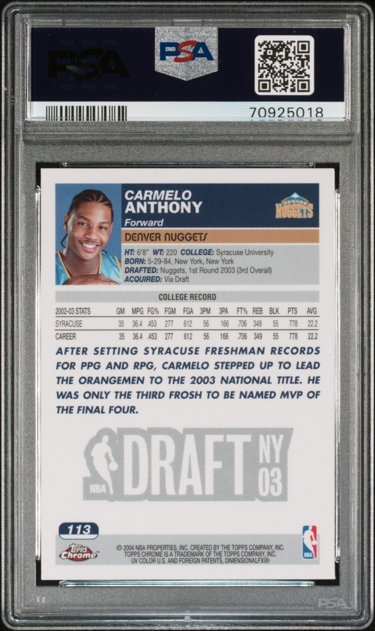 2003 Topps Chrome Carmelo Anthony #113 PSA 9