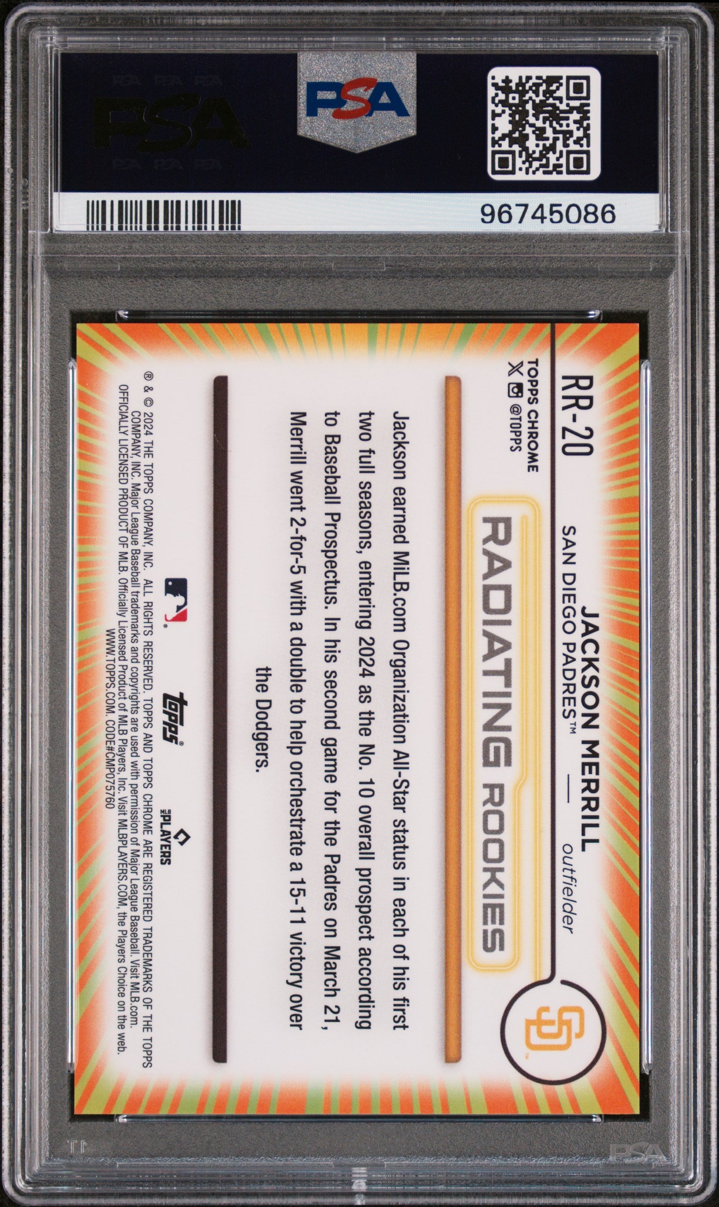 2024 Topps Chrome Radiating Rookies Jackson Merrill #RR20 PSA 9
