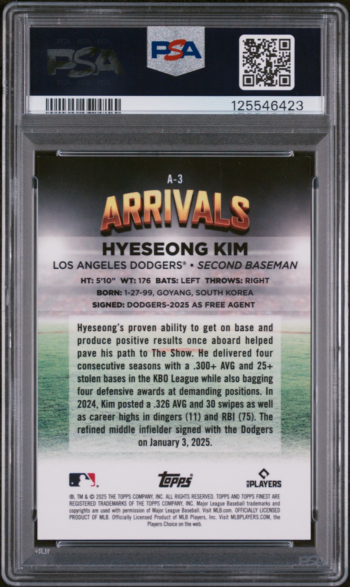 2025 Topps Finest Arrivals Hyeseong Kim #A3 Orange Refractor 14/25 PSA 9