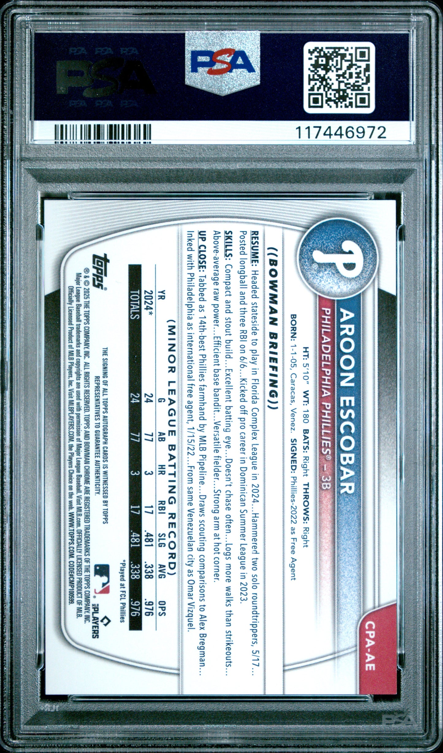 2025 Bowman Chrome Prospect Autographs Aroon Escobar Choice Ref /150 PSA 10