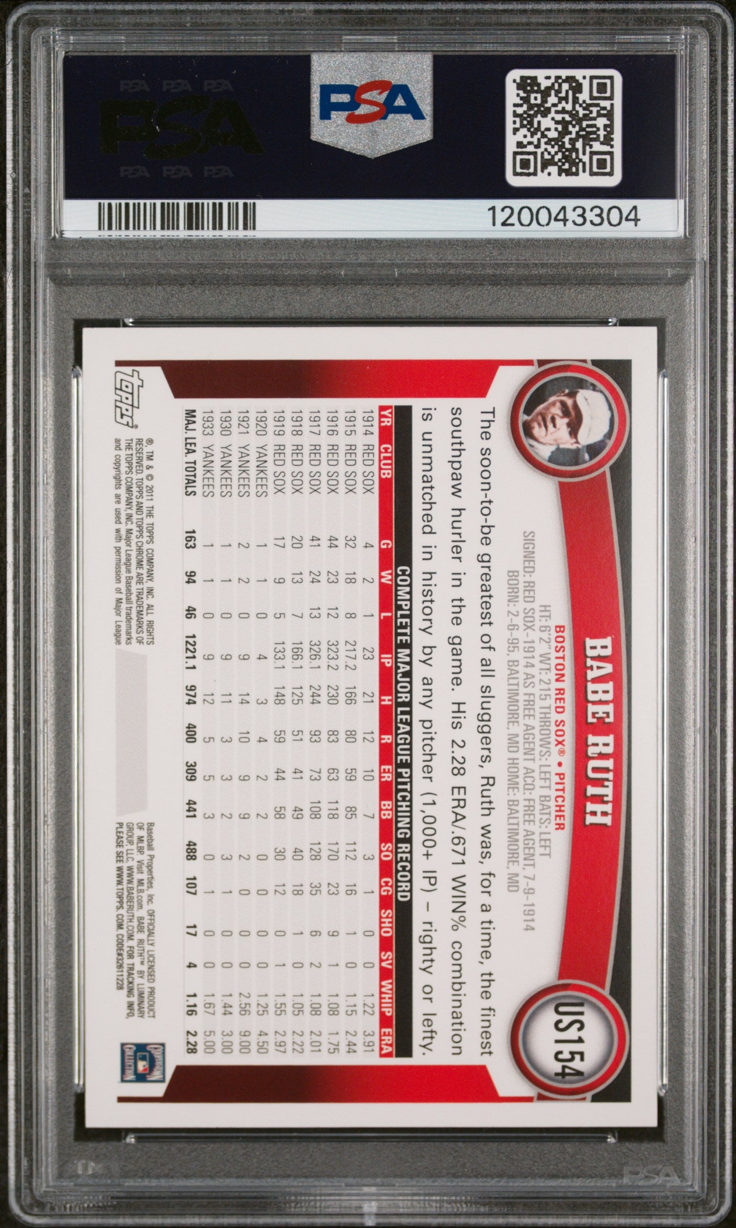 2011 Topps Update Babe Ruth #US154 Cognac Diamond Anniv. PSA 10
