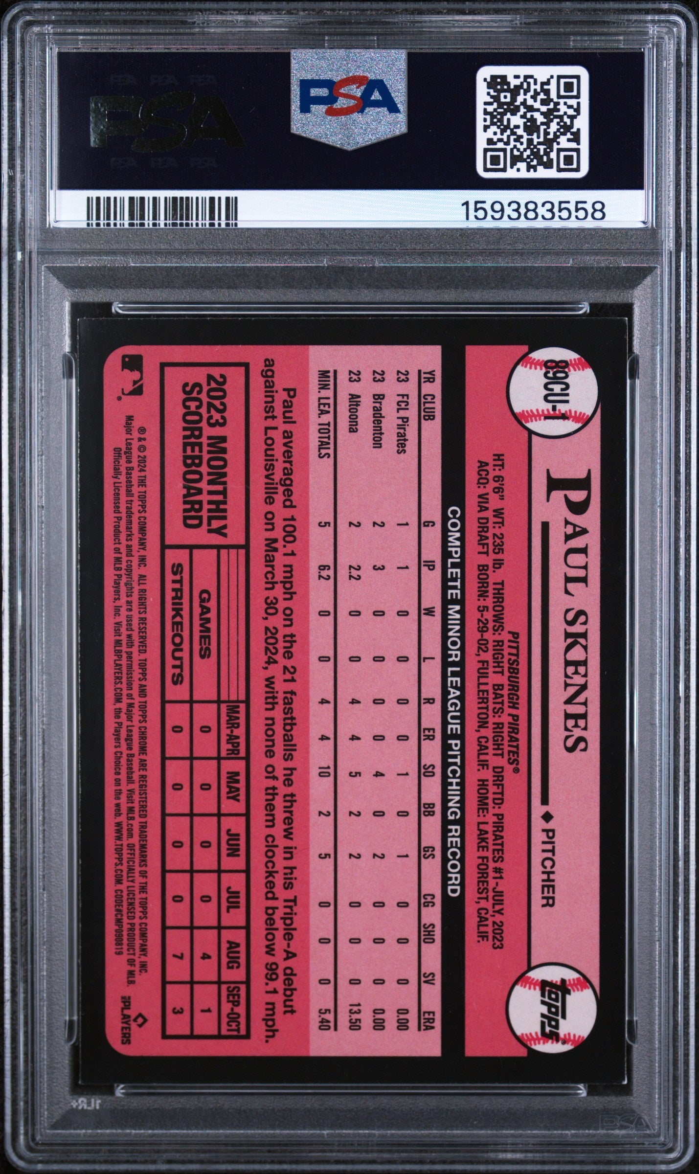 2024 Topps Chrome Update 1989 Topps Baseball Paul Skenes #1 PSA 9