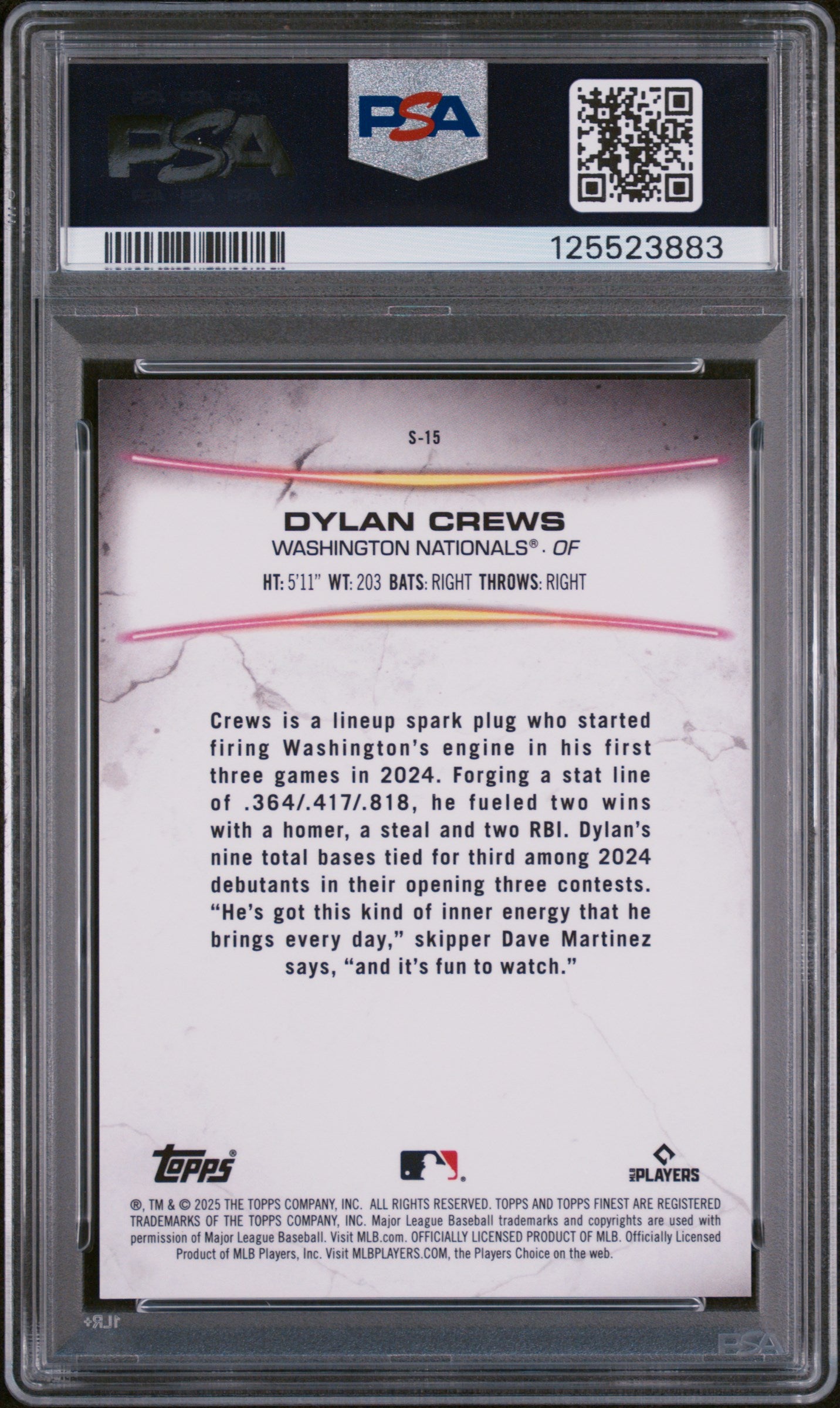 2025 Topps Finest Smashing Through Dylan Crews #S15 PSA 10