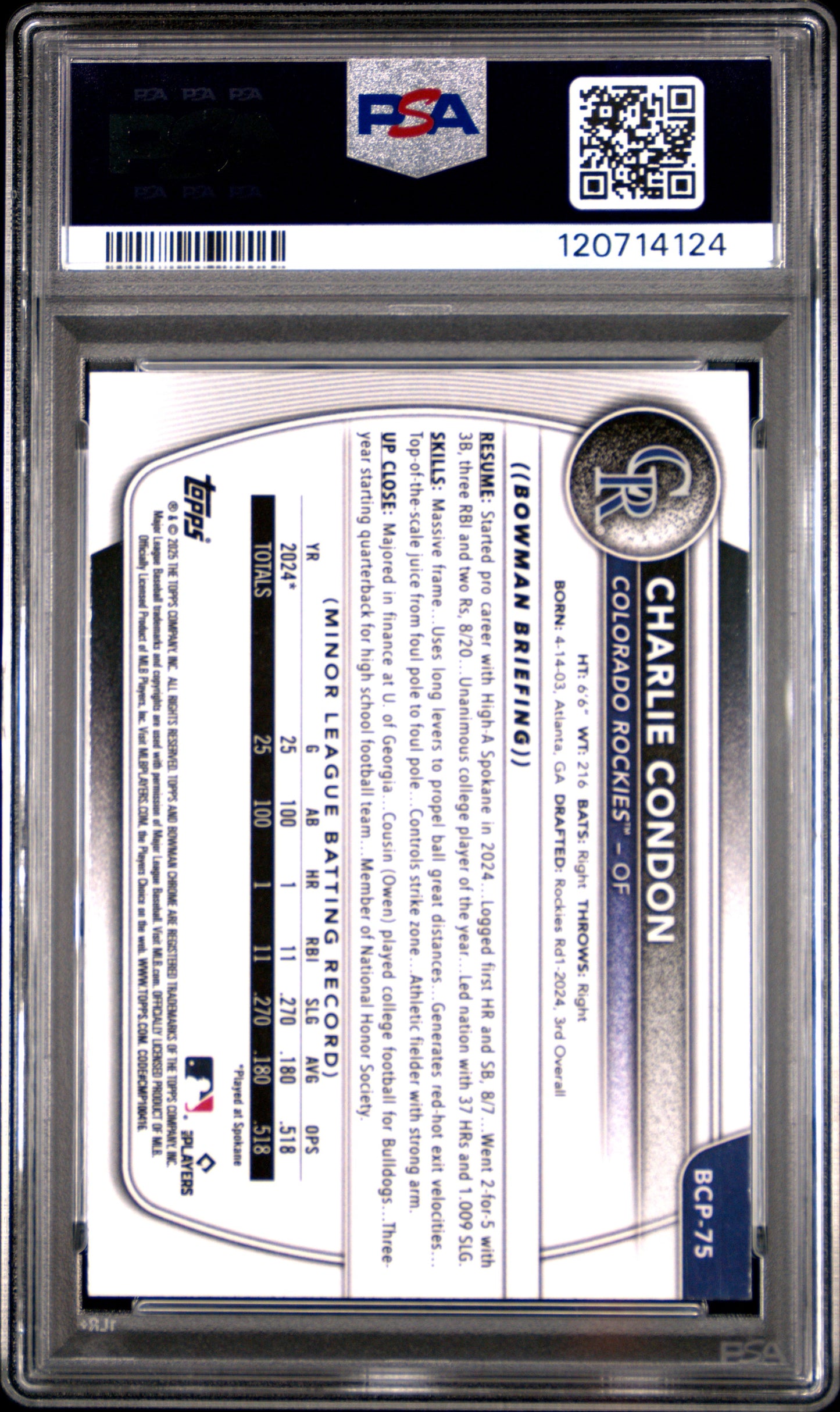 2025 Bowman Chrome Prospects Charlie Condon #BCP75 Blue Raywave 013/150 PSA 10