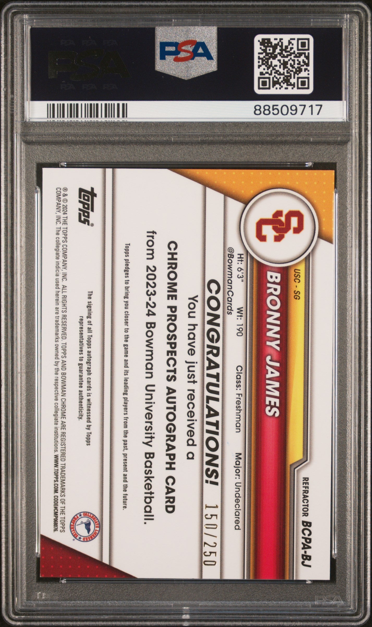 2023 Bowman University Chrome Prospects Autographs Bronny James PSA 9