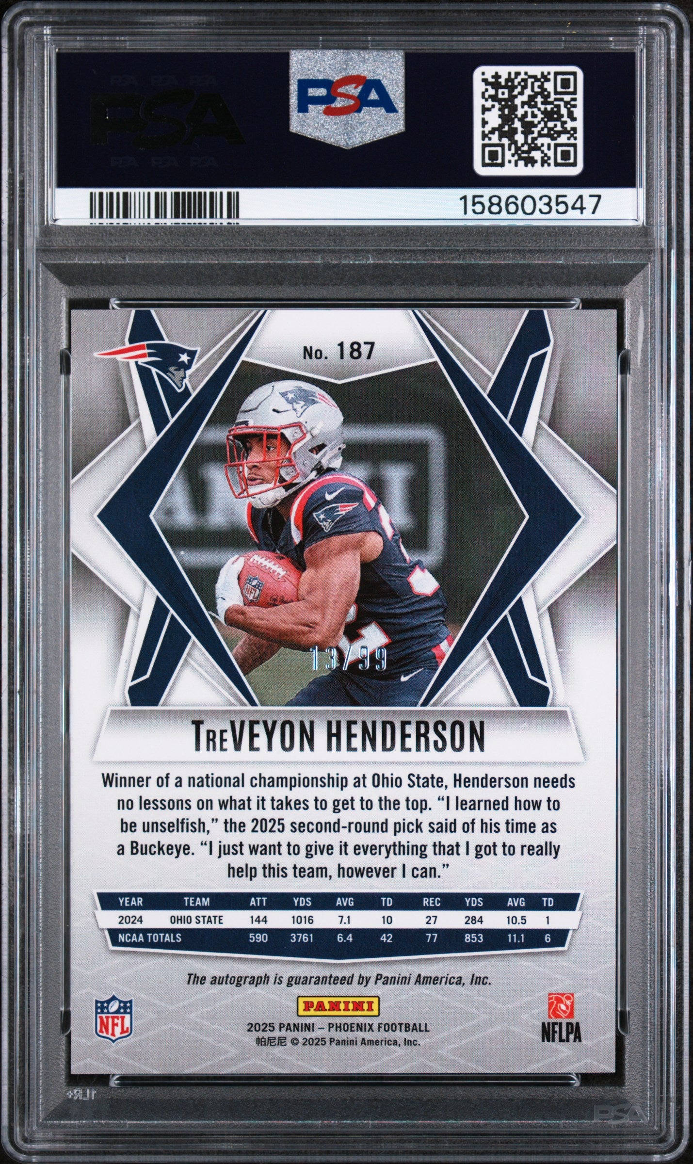 2025 Panini Phoenix Treveyon Henderson #187 Autograph Lava PSA 9