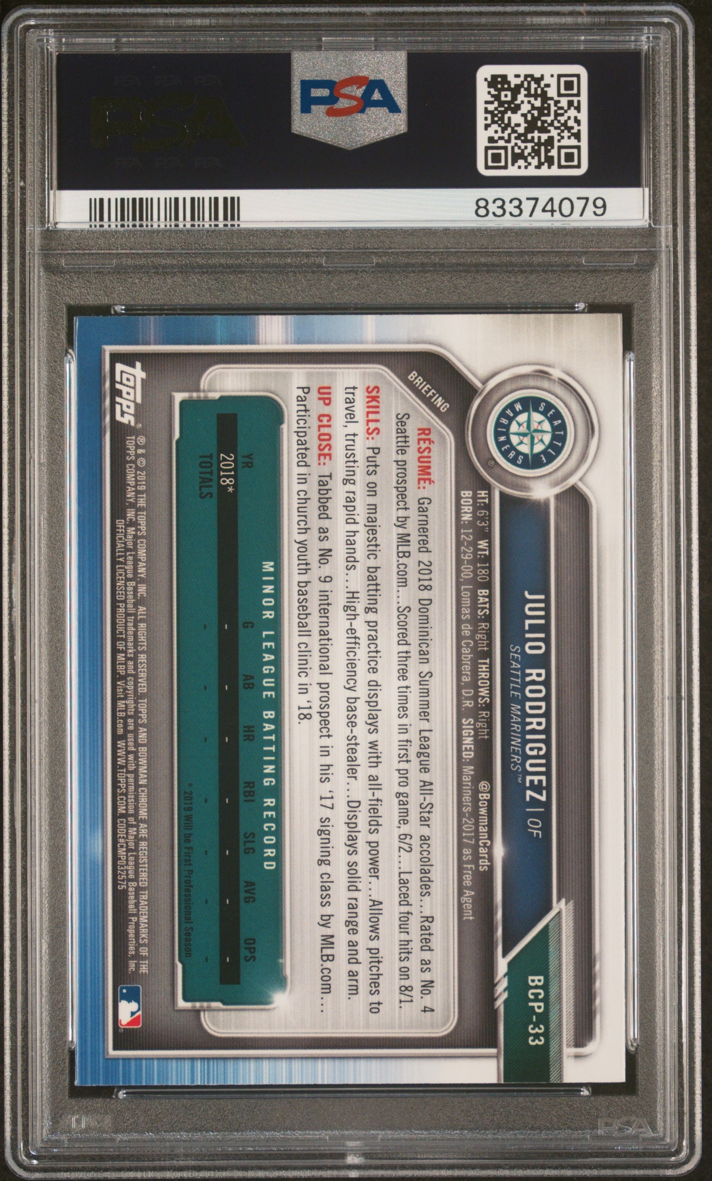 2019 Bowman Prospects Chrome Julio Rodriguez #33 Prospects Chrome PSA 10