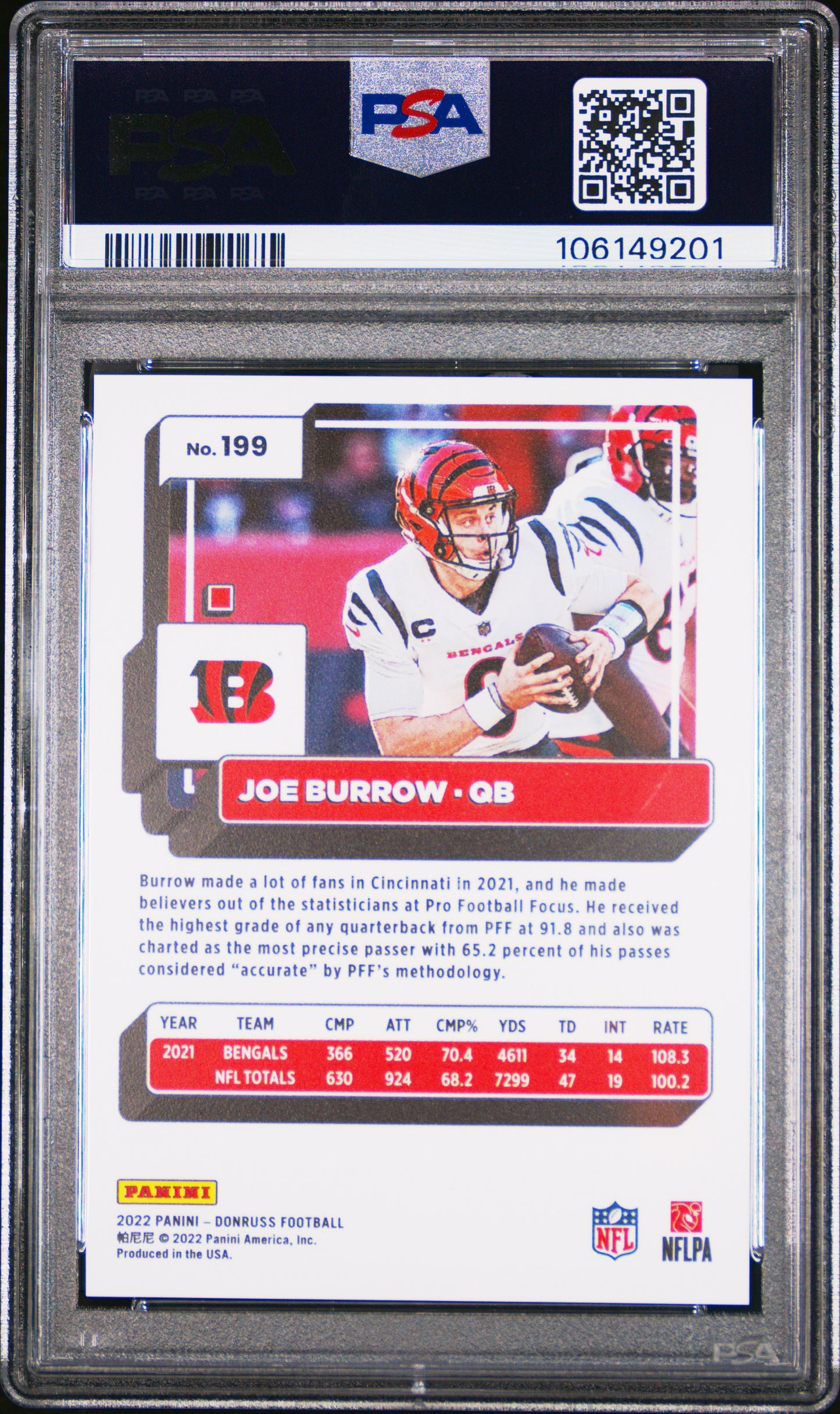 2022 Panini Donruss Joe Burrow #199 Press Proof Premium PSA 9