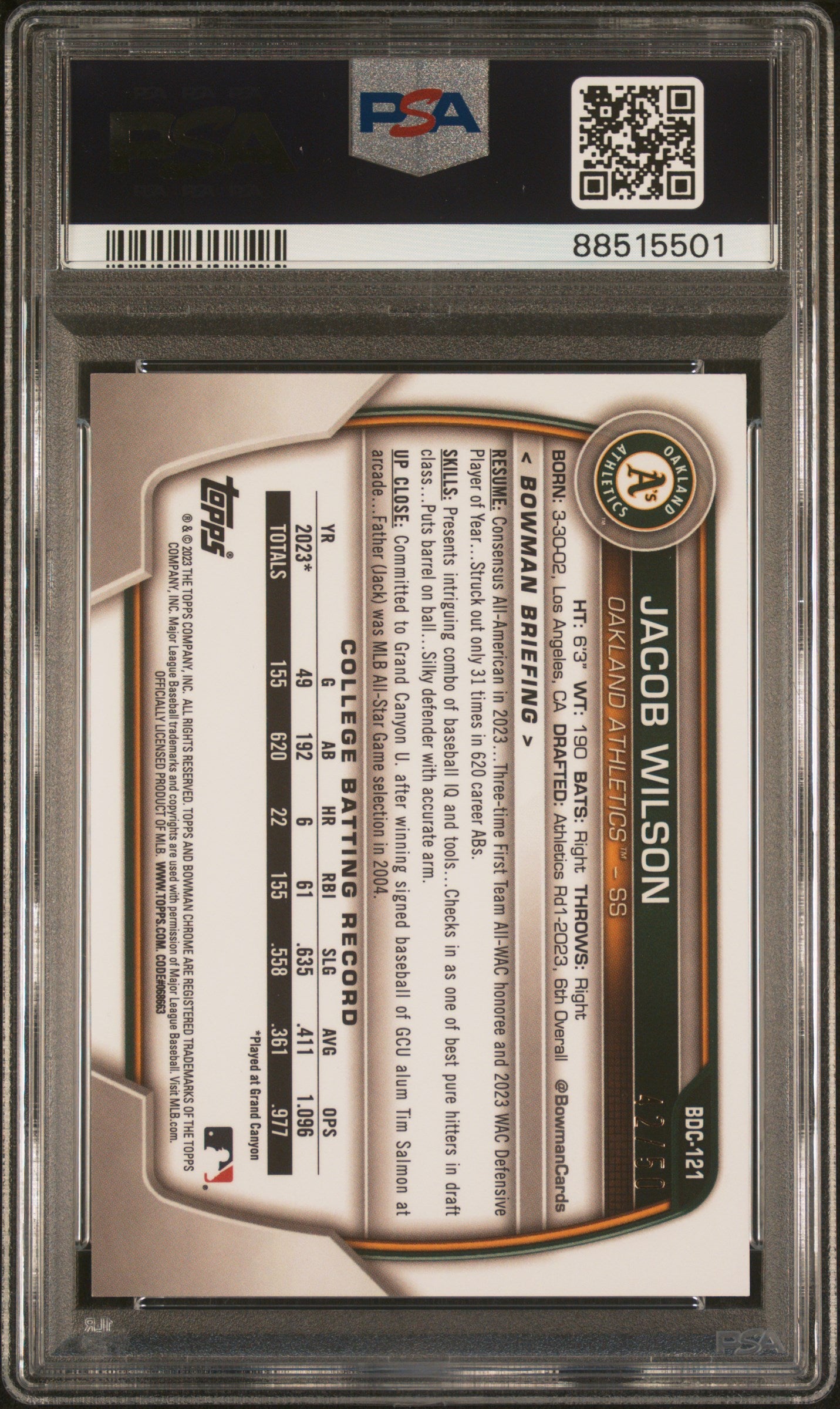 2023 Bowman Draft Sapphire Edition Jacob Wilson #BDC121 Gold PSA 10