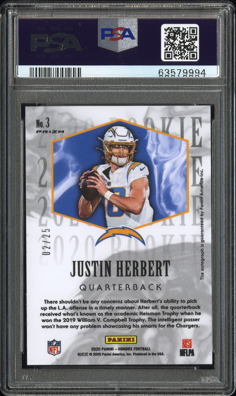 2020 Panini Honors 2004 Rookies Justin Herbert #3 SIG Orange PSA 10