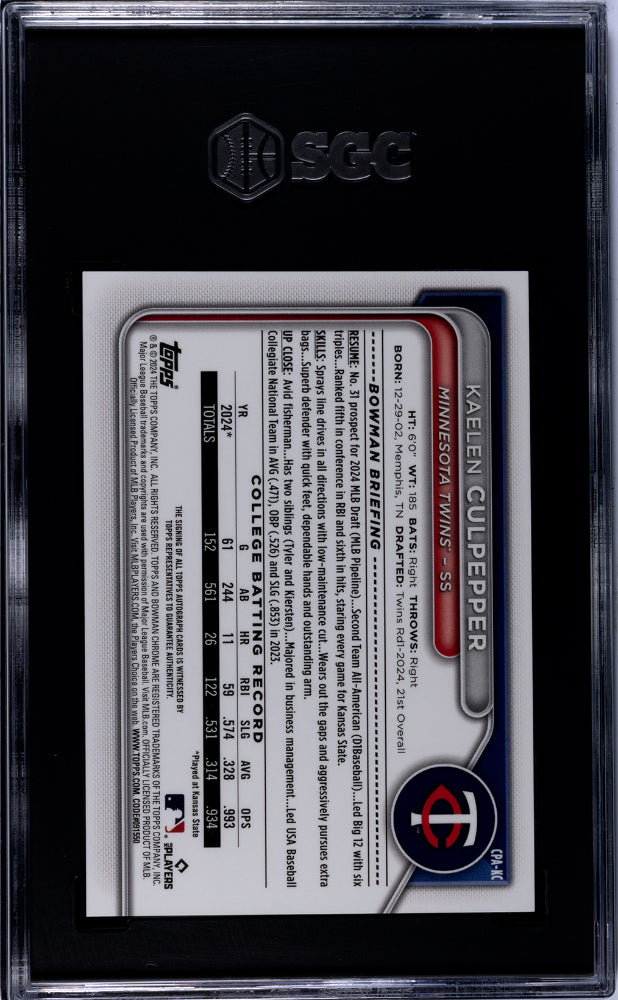 2024 Bowman Draft Kaelen Culpepper Pros. Autograph Blue Wave Refractor SGC 9.5