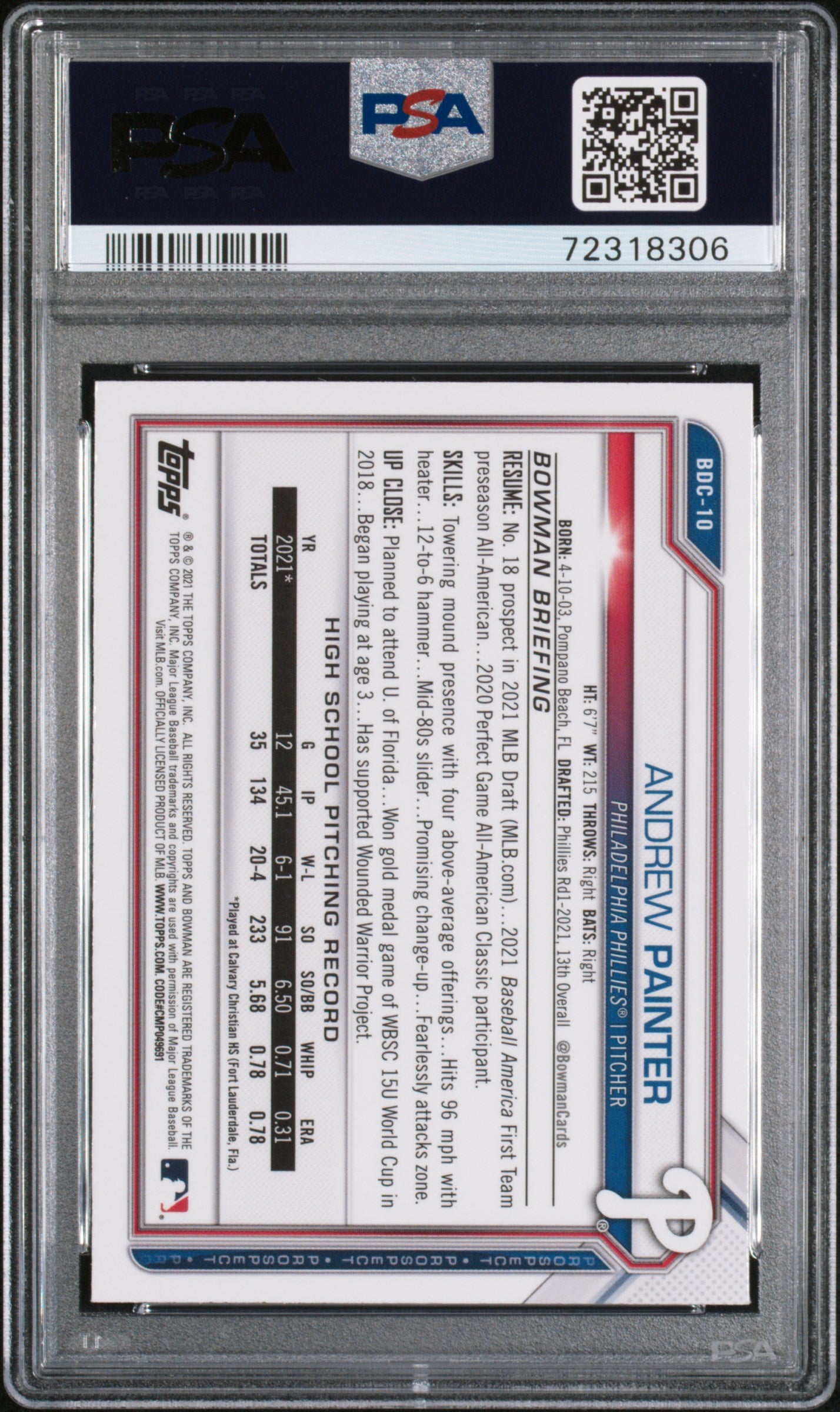 2021 Bowman Draft Chrome Sapphire Edition Andrew Painter #BDC10 PSA 10