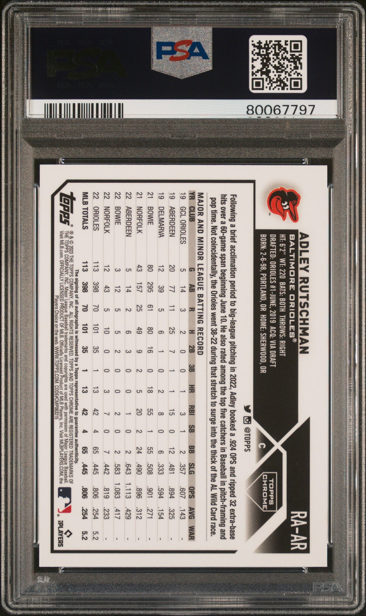 2023 Topps Chrome Rookie Autograph Adley Rutschman #RAAR PSA 10