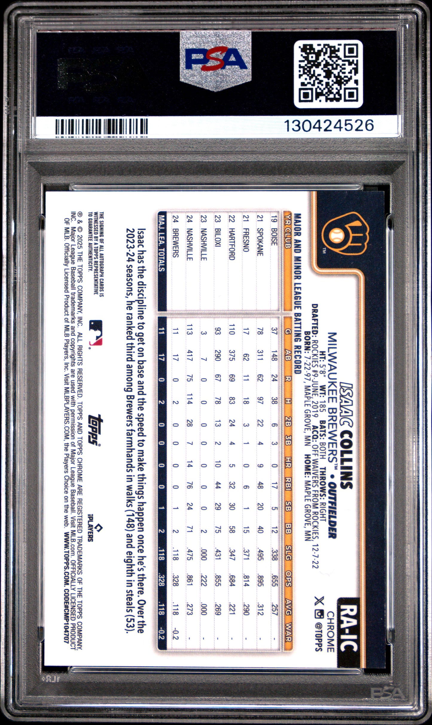 2025 Topps Chrome Rookie Autographs Isaac Collins #RAIC Gold Ref 10/50 PSA 10