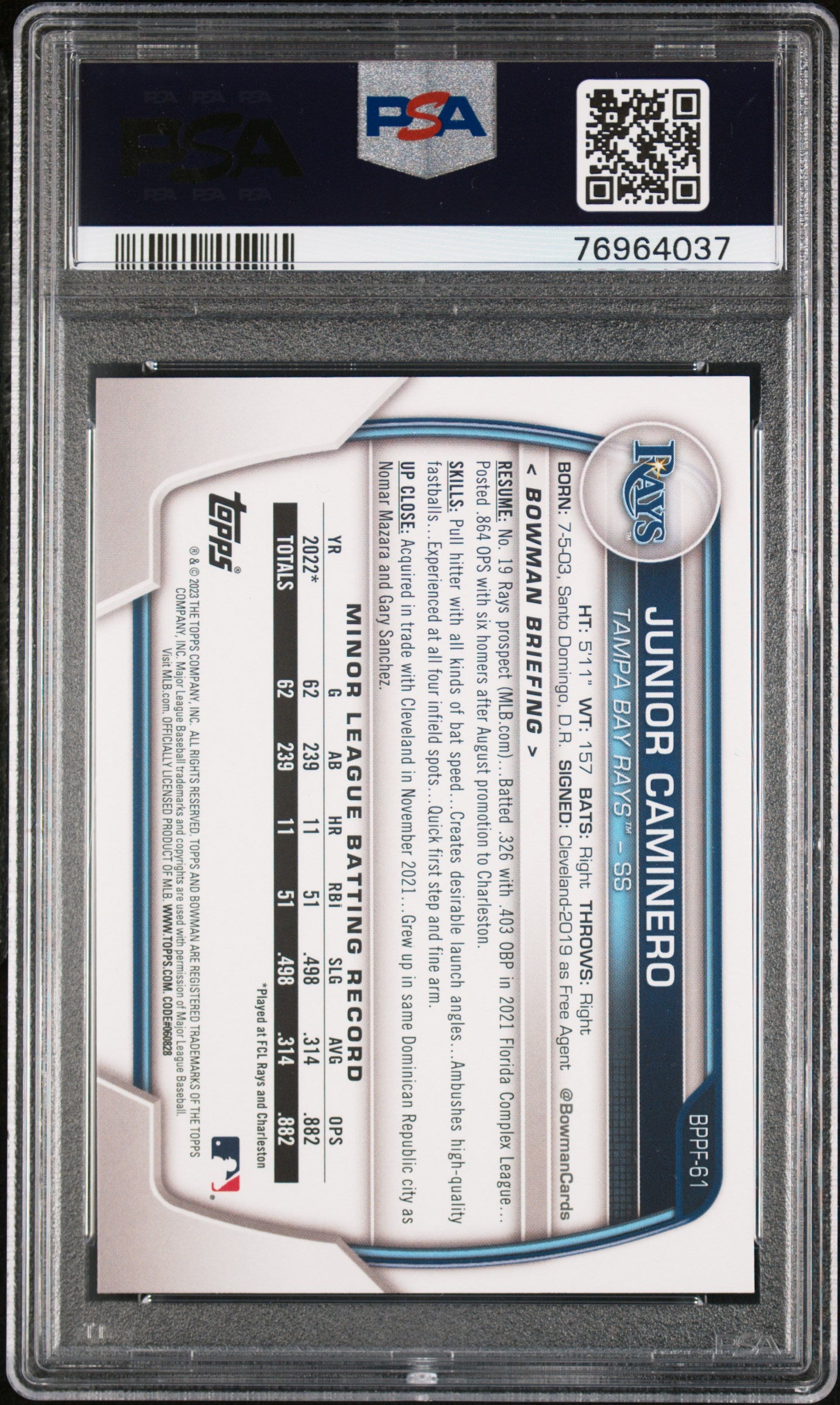 2023 Bowman 1st Edition Junior Caminero #BPPF61 PSA 9