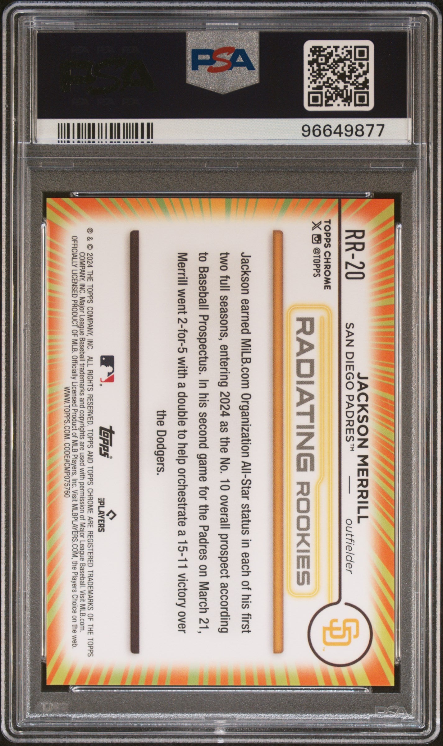 2024 Topps Chrome Radiating Rookies Jackson Merrill #RR20 PSA 10