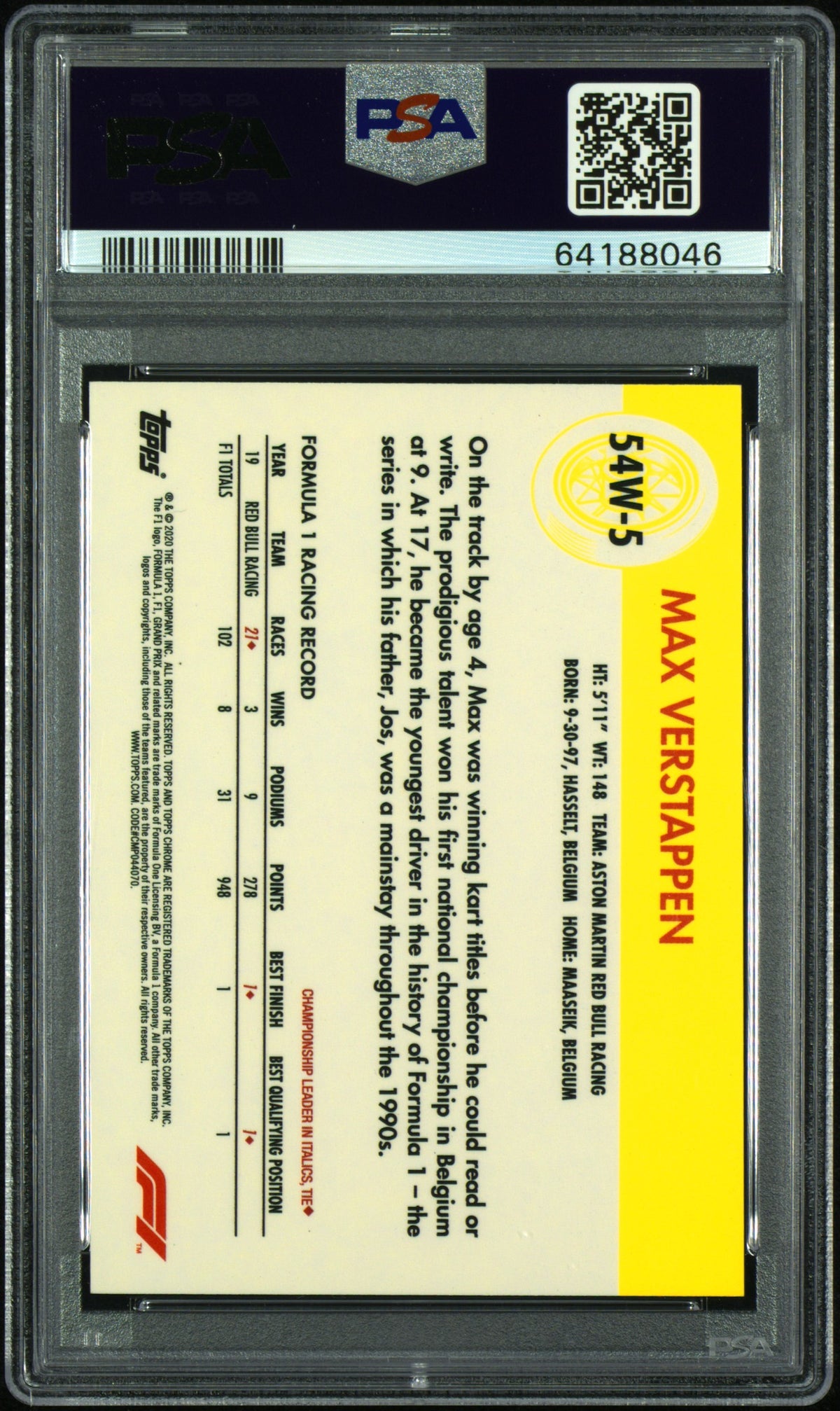 2020 Topps Chrome Formula 1 1954 World On Wheels Max Verstappen #5 PSA 10