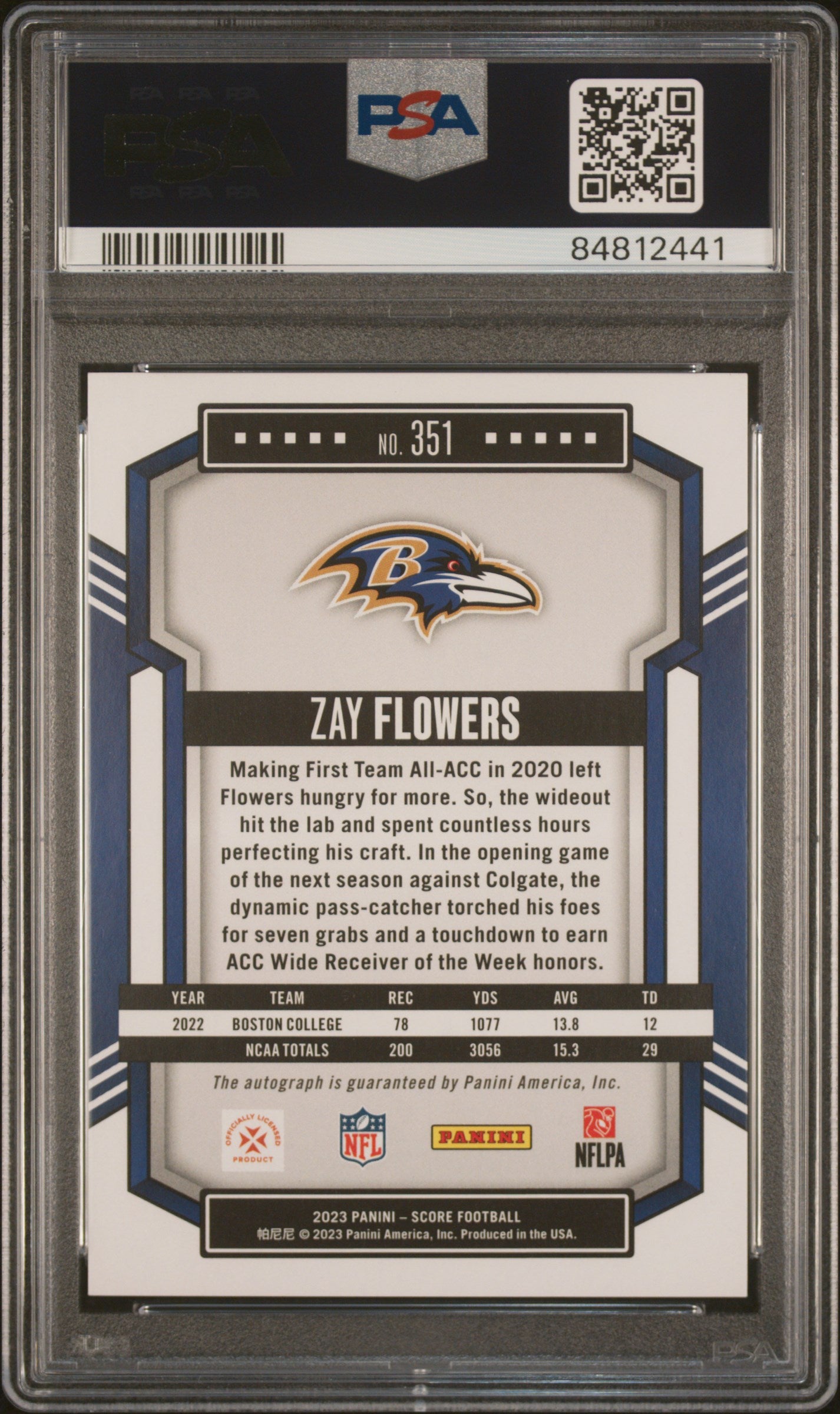 2023 Panini Score Zay Flowers #351 Autograph PSA 10