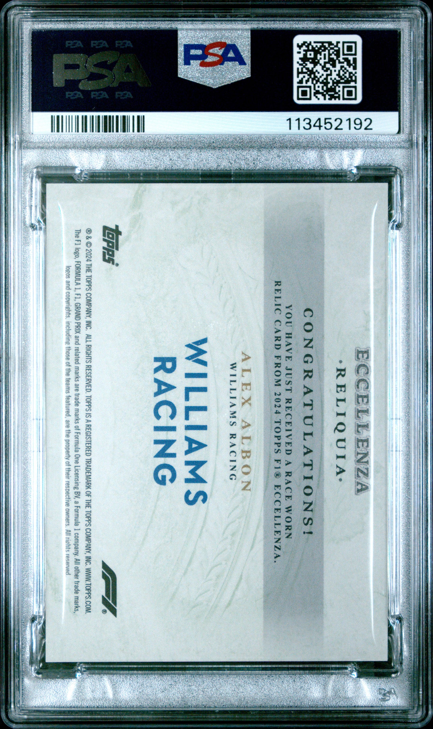 2024 Topps Eccellenza Formula 1 Reliquia Alex Albon Green PSA 10