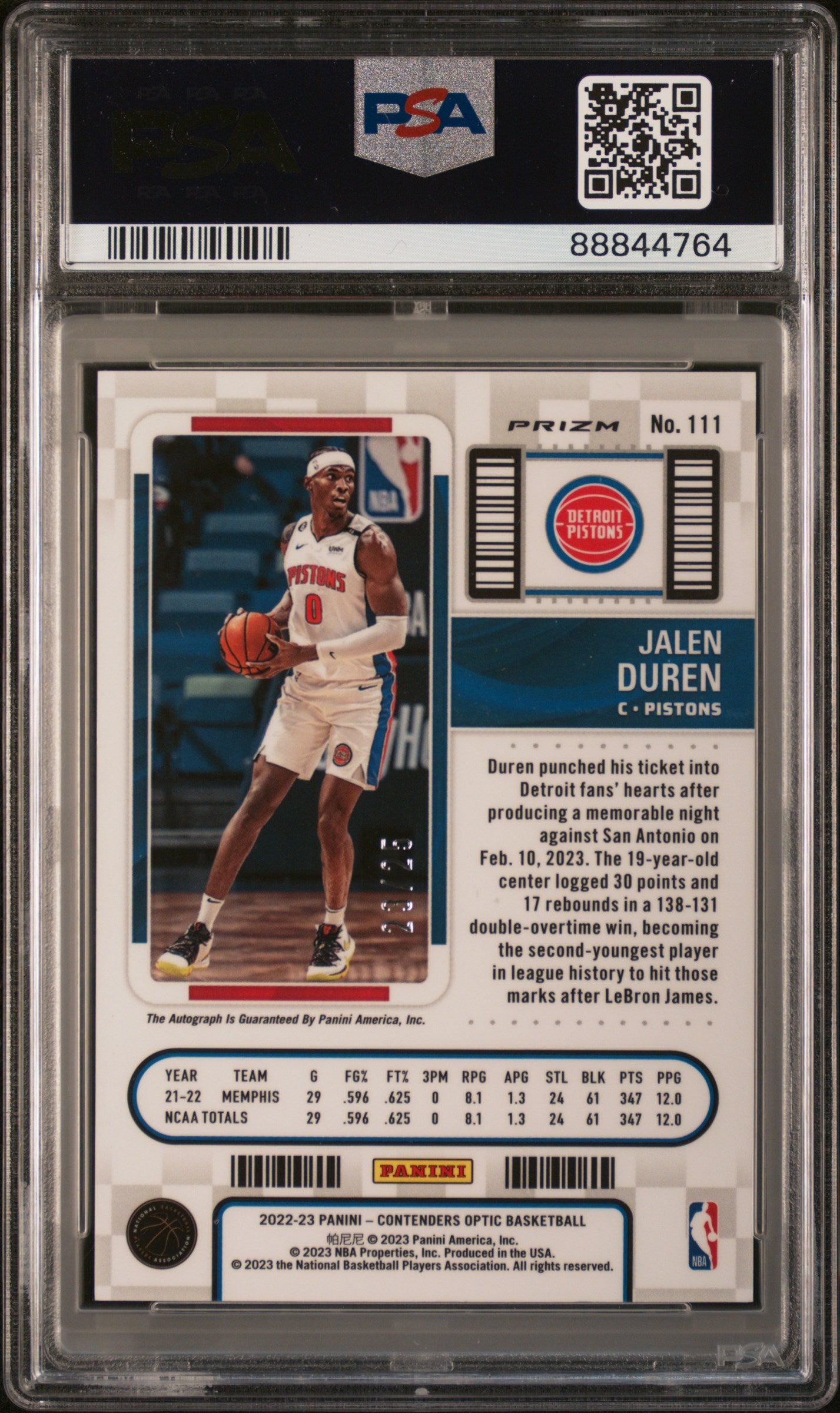 2022 Panini Contenders Optic Jalen Duren #111 Autograph Orange PSA 10