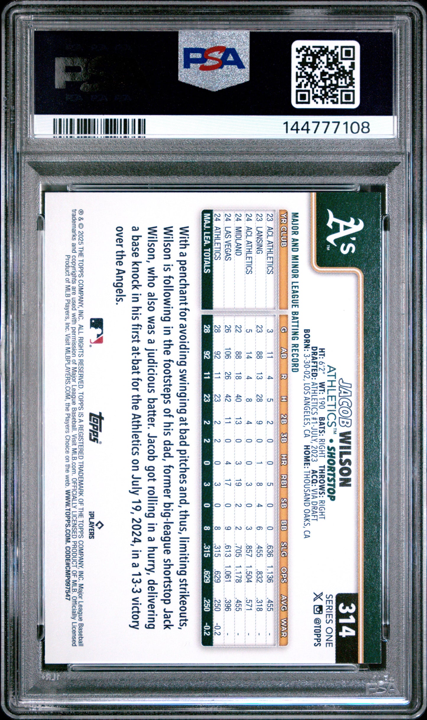 2025 Topps Jacob Wilson #314 Rainbow Foil PSA 10