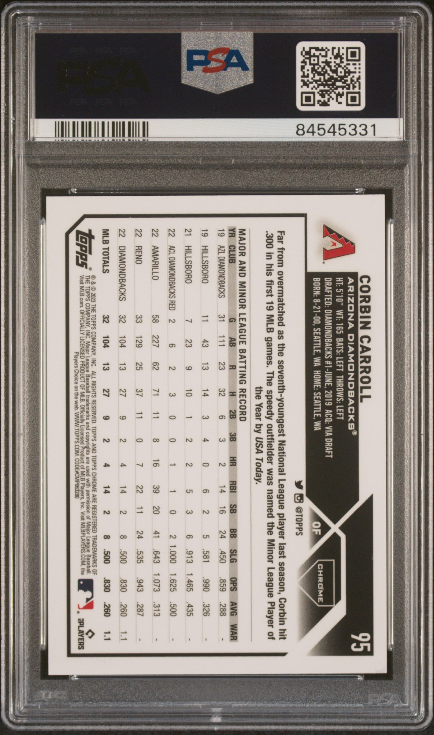 2023 Topps Chrome Logofractor Edition Corbin Carroll #95 /250 PSA 10