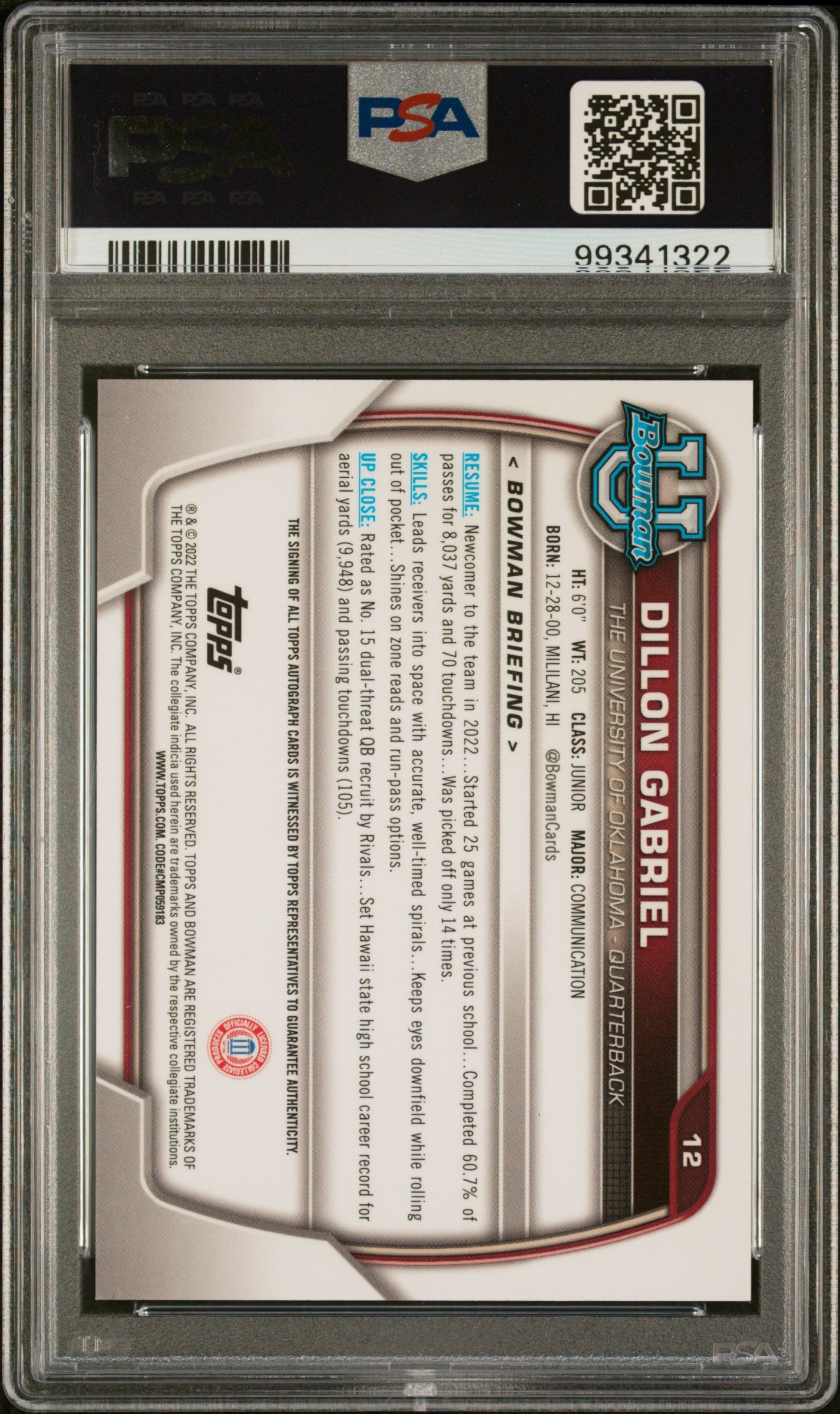 2022 Bowman University Chrome Prospects Dillon Gabriel #12 Auto PSA 9