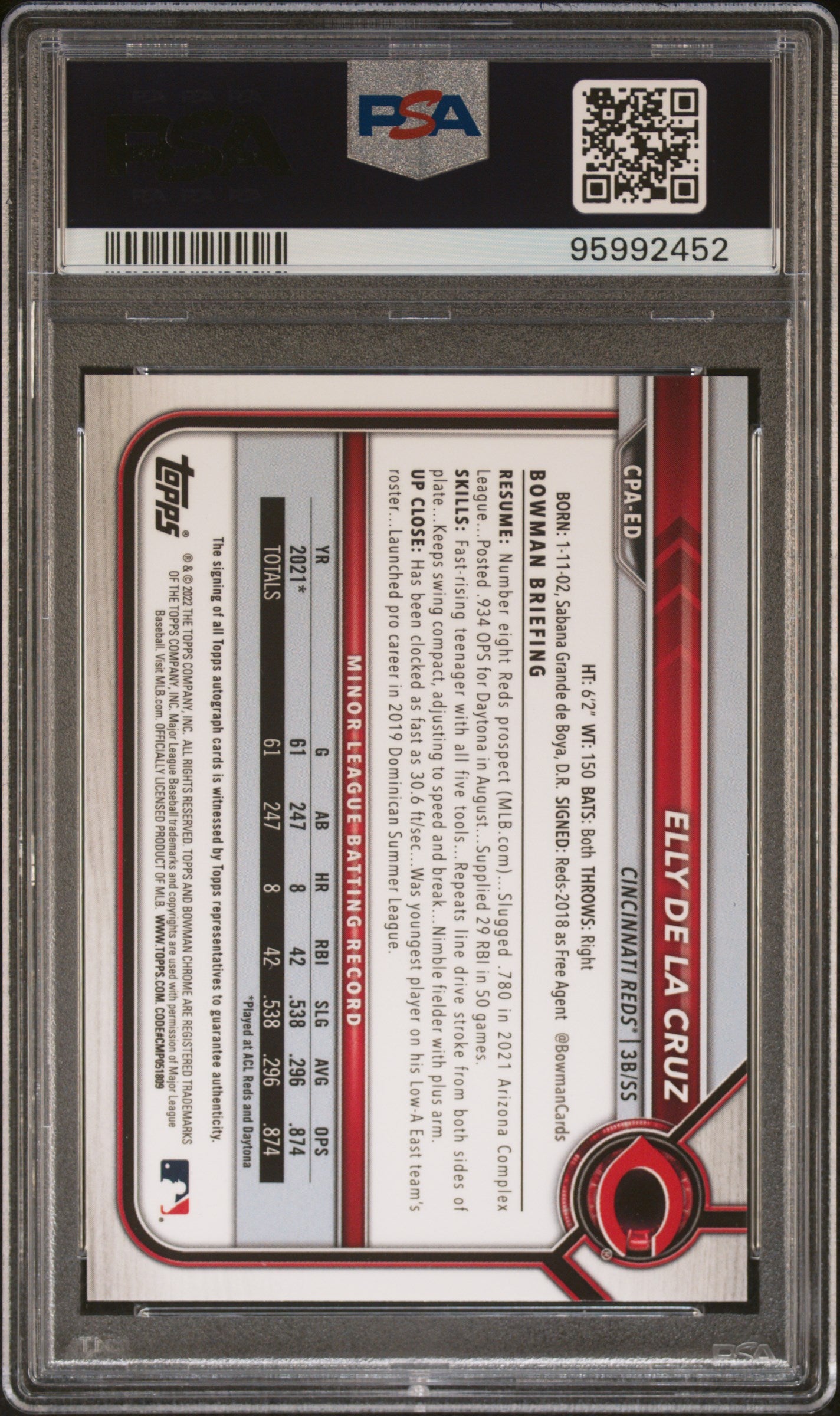 2022 Bowman Chrome Prospect Autographs Elly De La Cruz #CPAED Autograph PSA 9