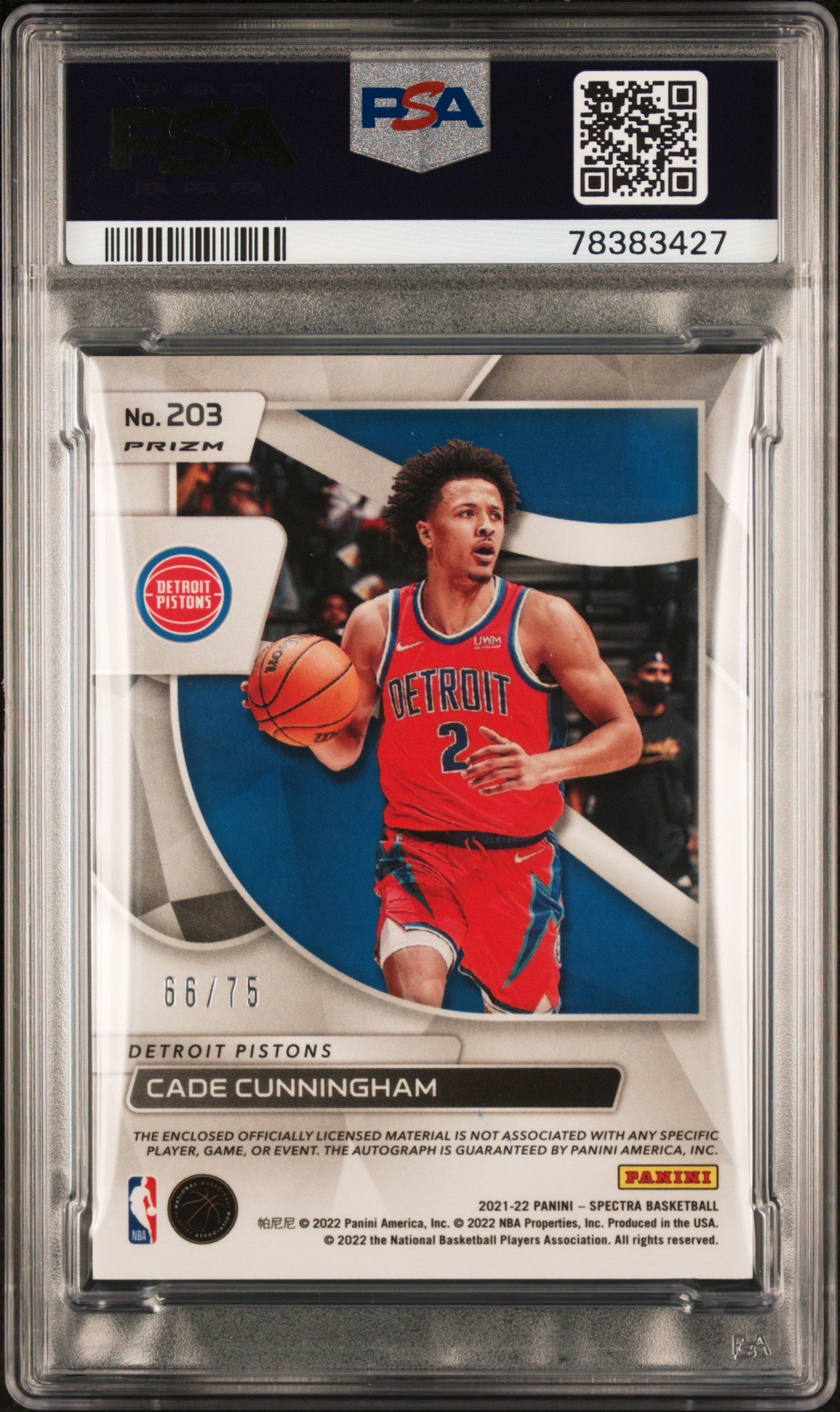 2021 Panini Spectra Cade Cunningham #203 Jsy. Auto 75th Anniv. PSA 8