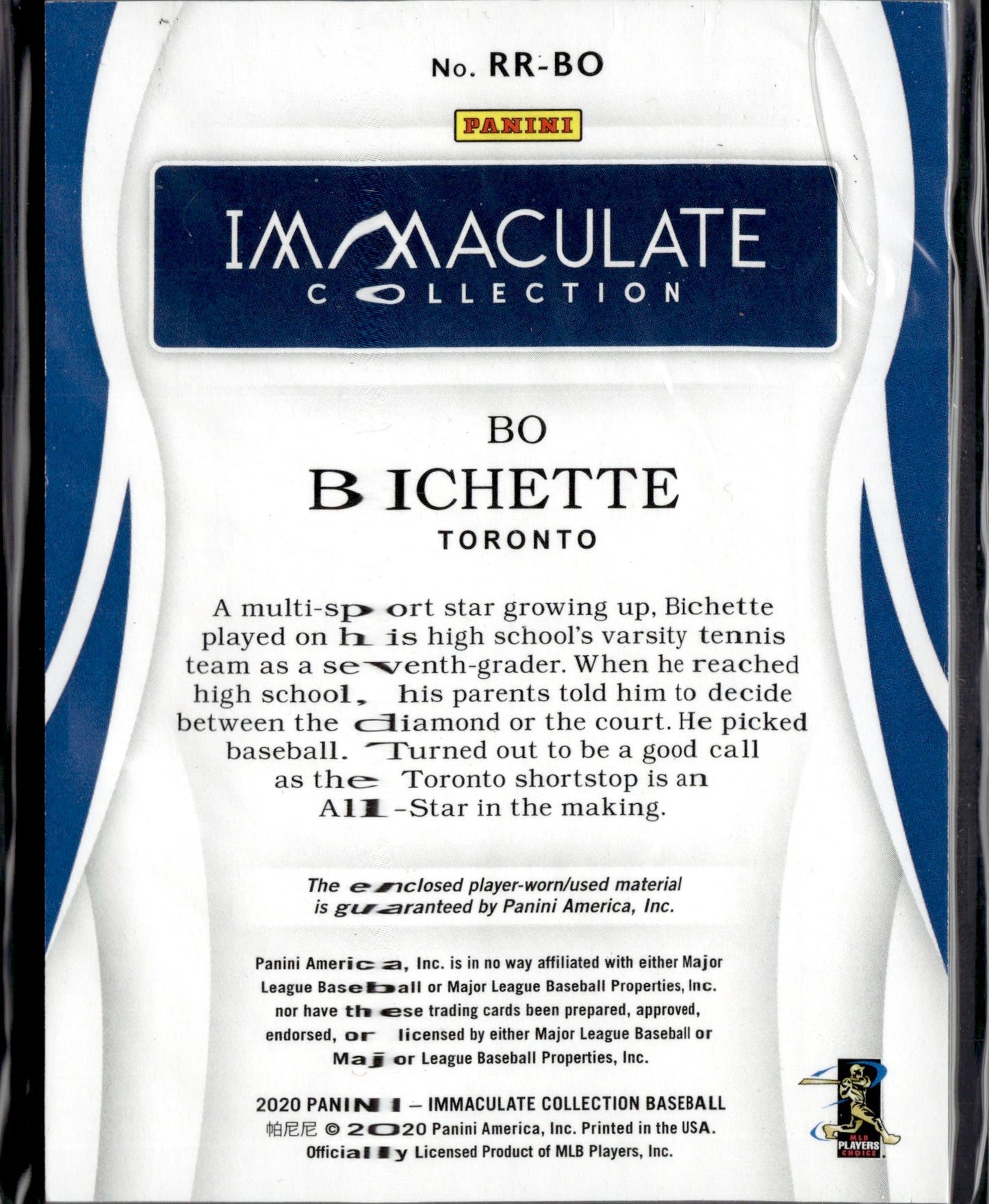 2020 Panini Immaculate Collection Rookie Reserve Bo Bichette 1/1 #RR-BO Patch