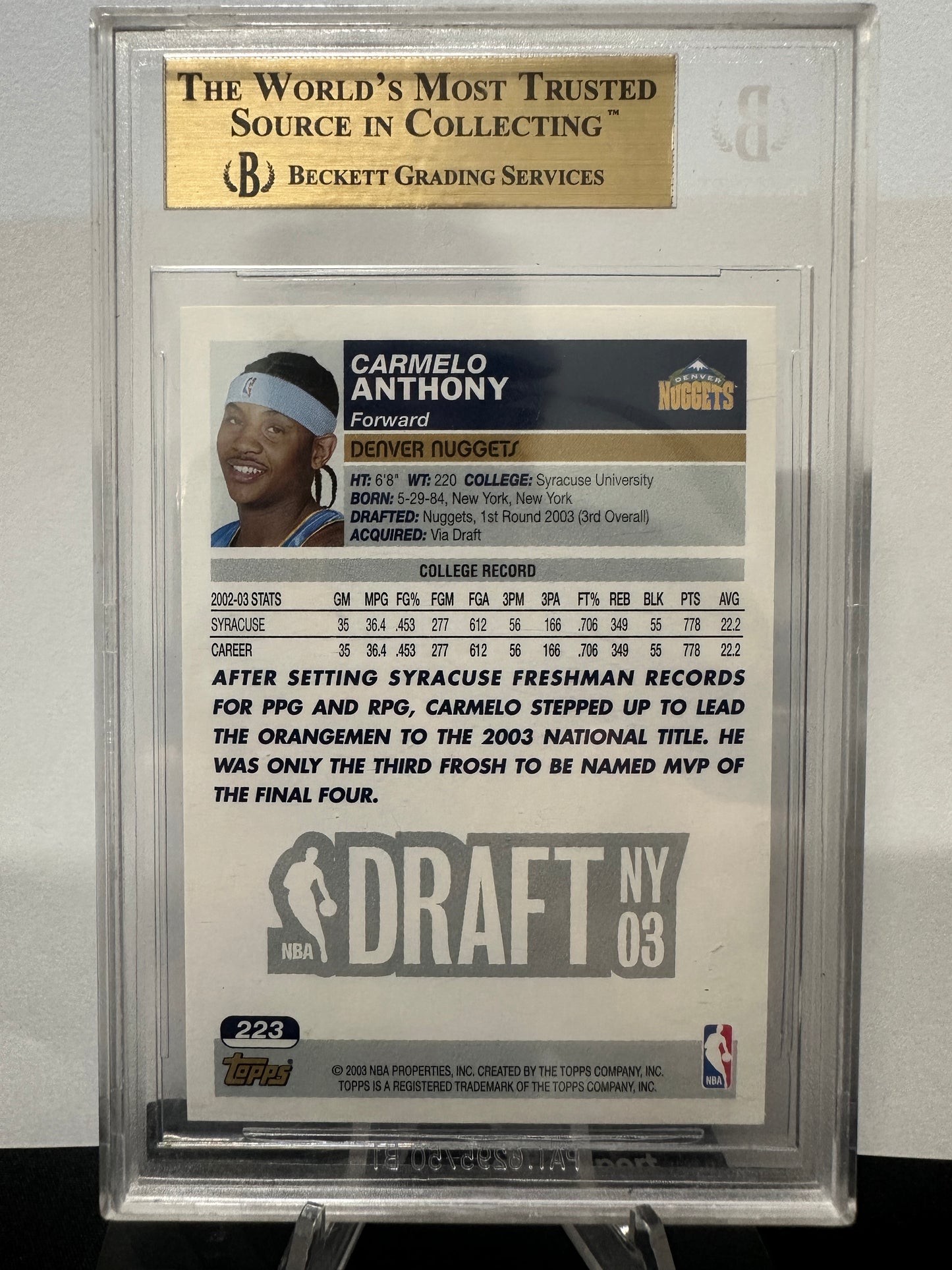 2003 Topps Carmelo Anthony #223 BGS 9.5