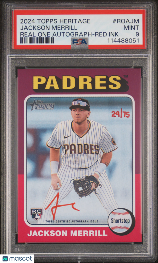 2024 Topps Heritage Real One Autographs Jackson Merrill #ROAJM Red Ink /75 PSA 9