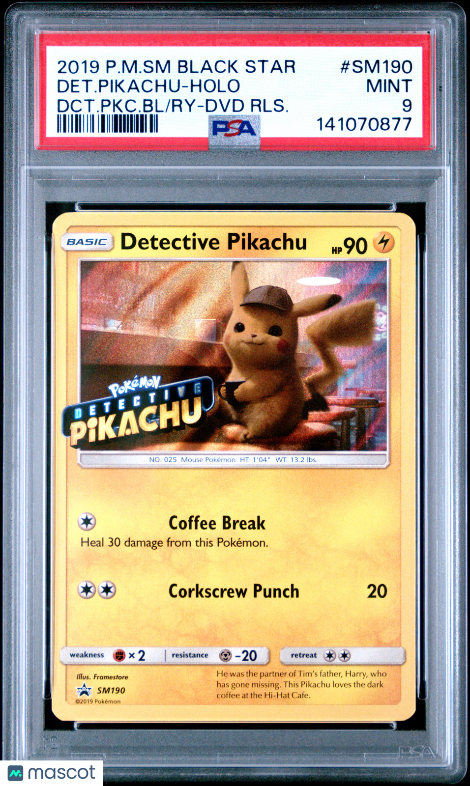 2019 Pokemon SM Black Star Promo Det. Pikachu Holo DCT.PKC.BL/Ry-DVD RLS. PSA 9