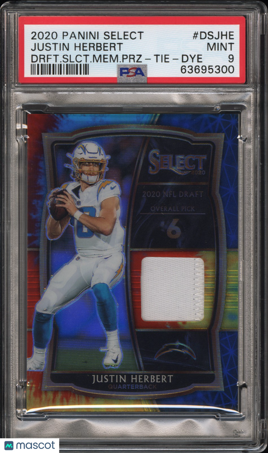2020 Panini Select Memorabilia Prizm Justin Herbert Tie Dye /25 PSA 9