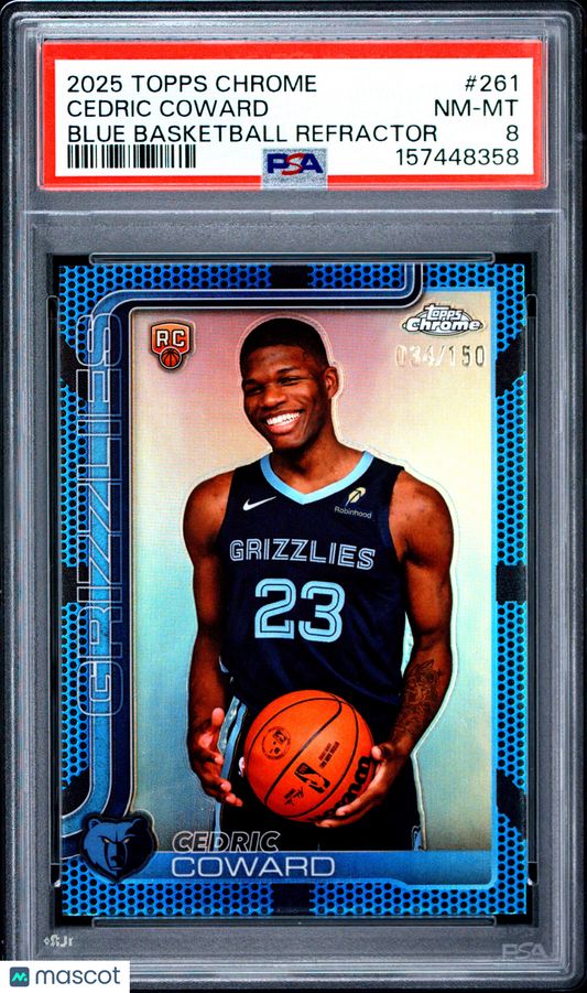 2025 Topps Chrome Cedric Coward #261 Blue Basketball Refractor 034/150 PSA 8