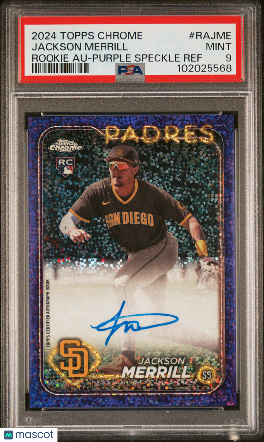 2024 Topps Chrome Rookie Autographs Jackson Merrill #RAJME Purple /299 PSA 9