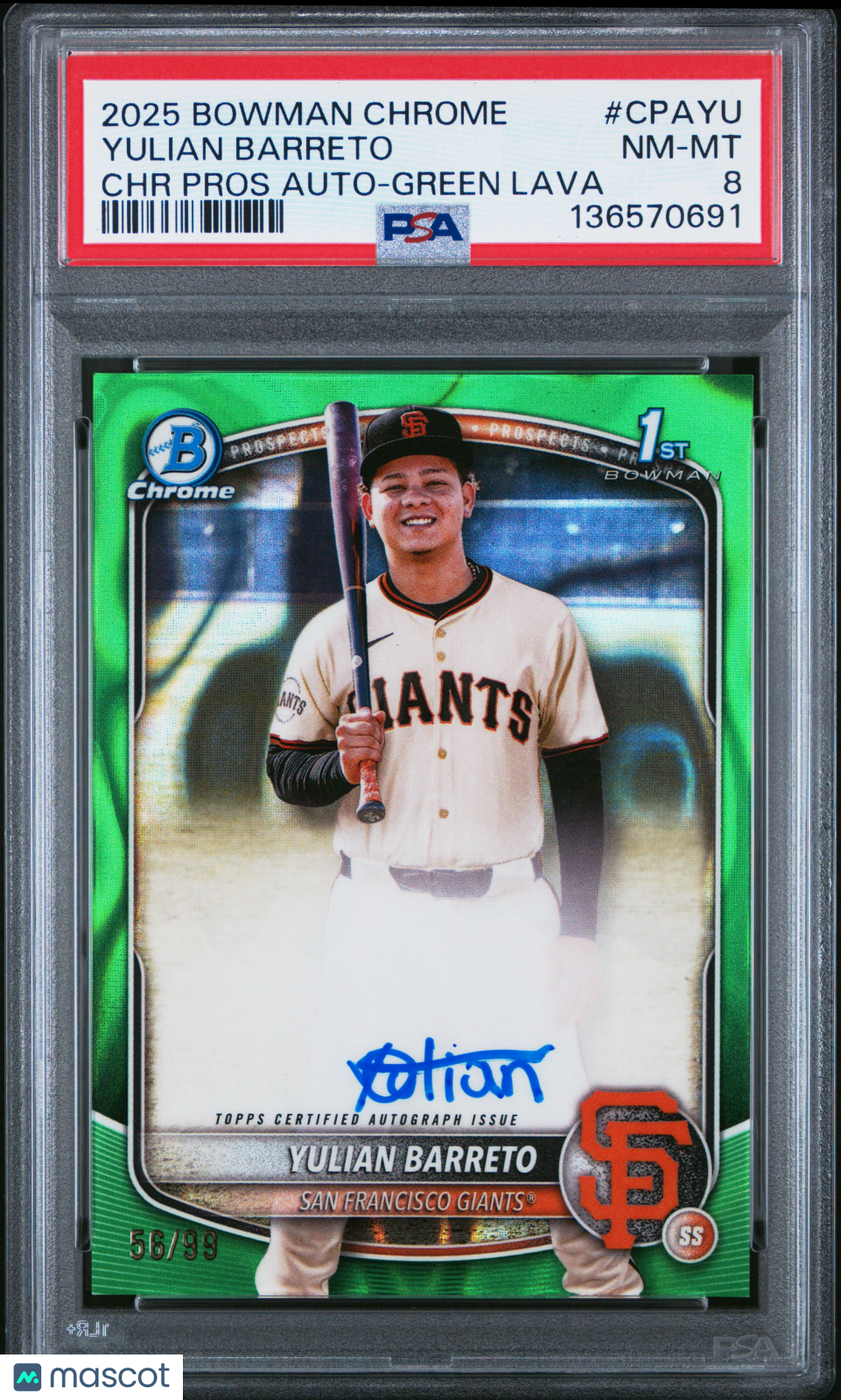 2025 Bowman Chrome Prospect Autographs Yulian Barreto Auto Green Lava /99 PSA 8