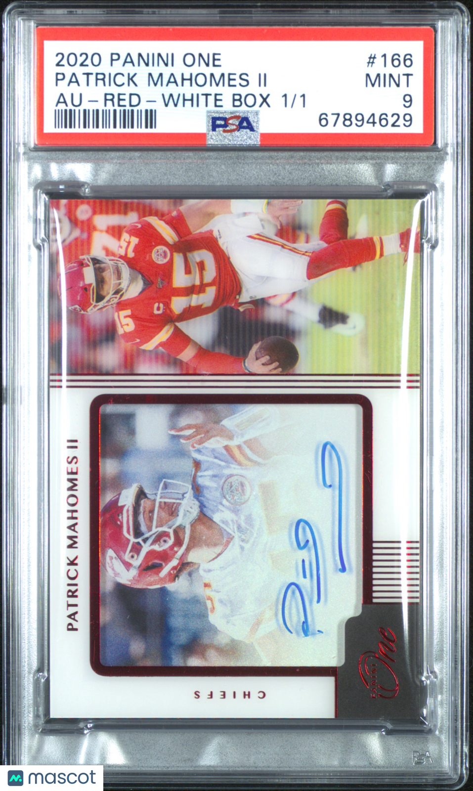 2020 Panini One Patrick Mahomes II #166 Au Red White Box 1/1 PSA 9
