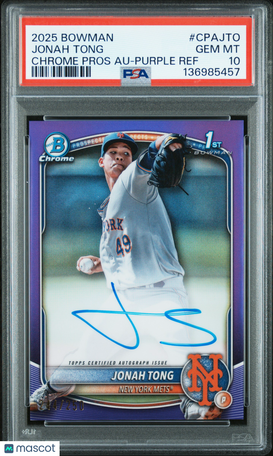 2025 Bowman Chrome Prospect Autographs Jonah Tong #CPAJTO Purple Ref /250 PSA 10